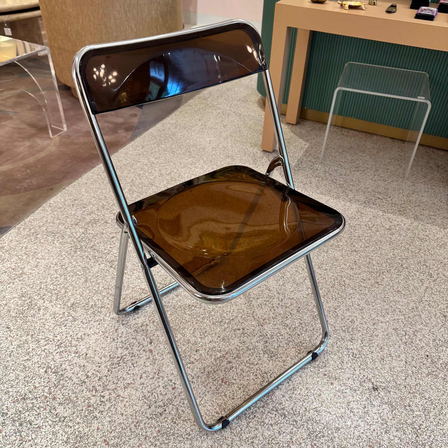 Vintage Italian Smoked Brown Lucite and Chrome Folding Chair