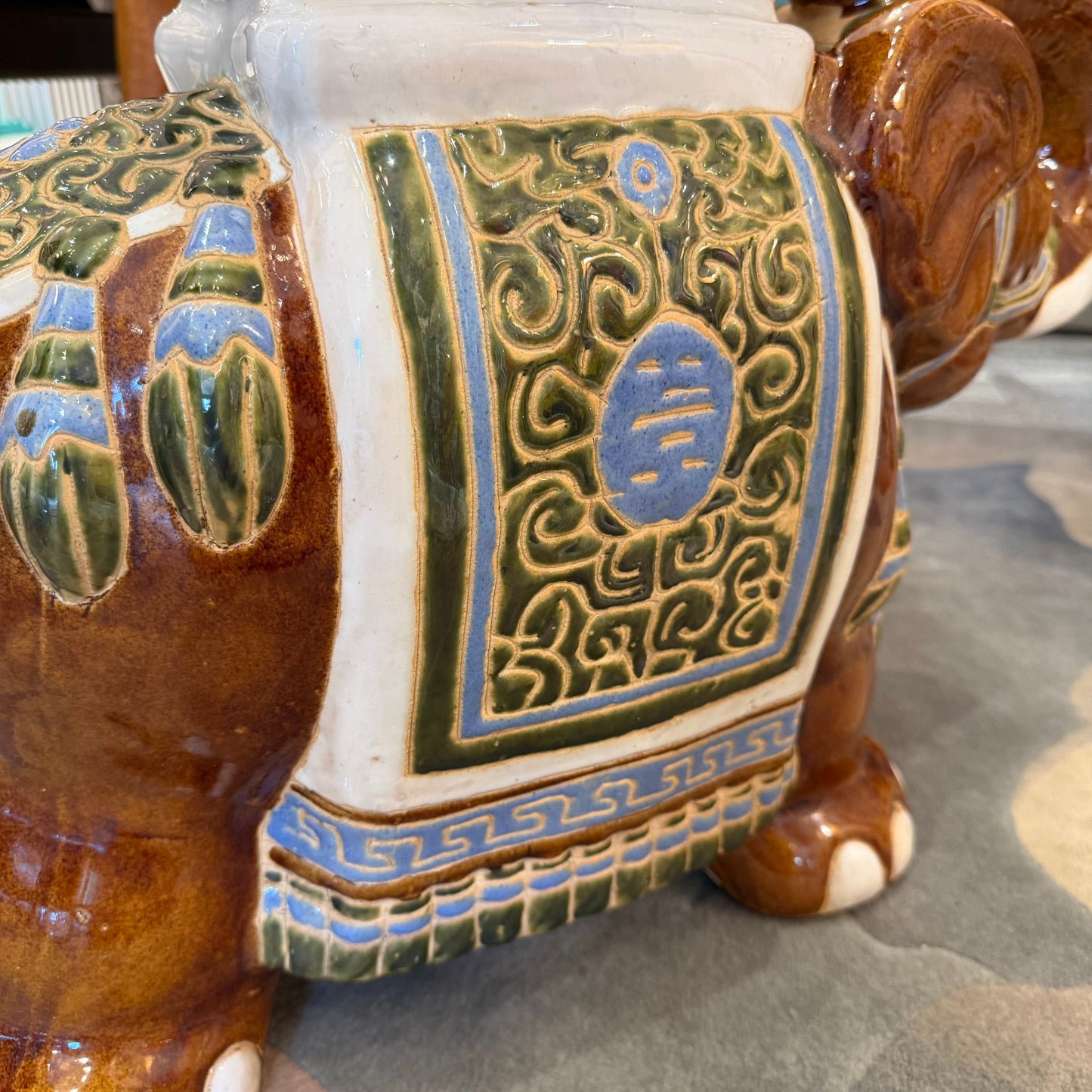 Vintage Hand Painted Brown Ceramic Asian Elephant Plant Stand