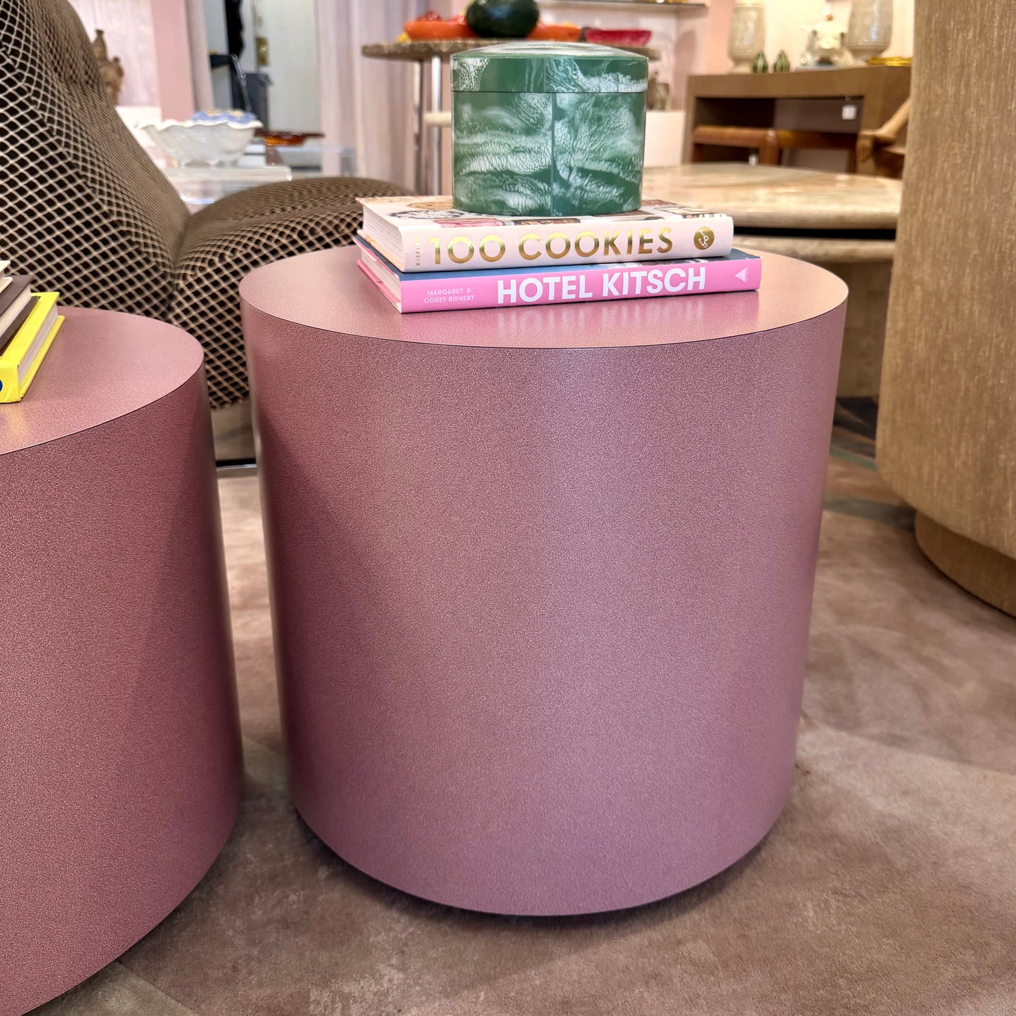 Vintage 1980’s Rolling Mauve Laminate Drum Side Table