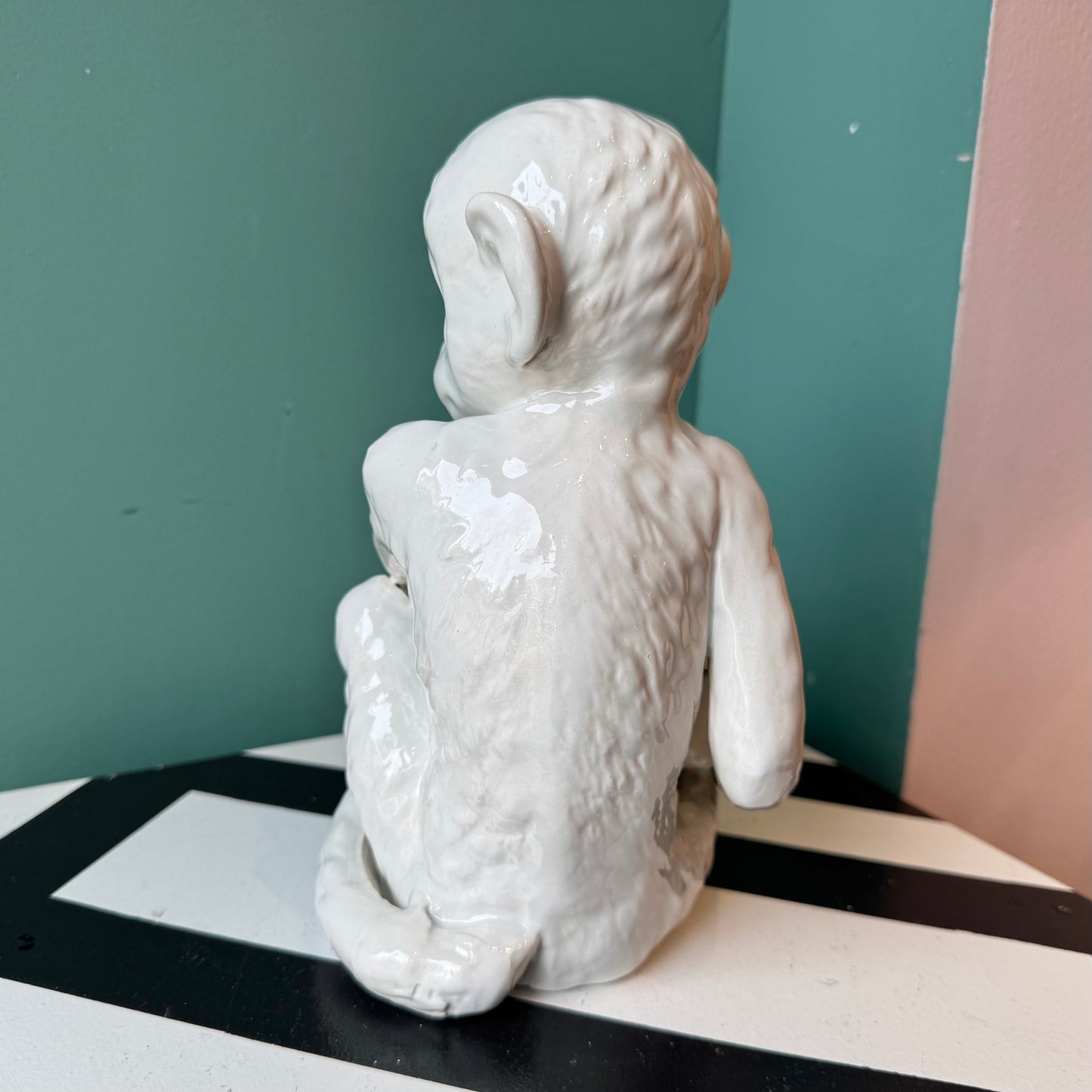 Vintage White Ceramic Monkey Planter