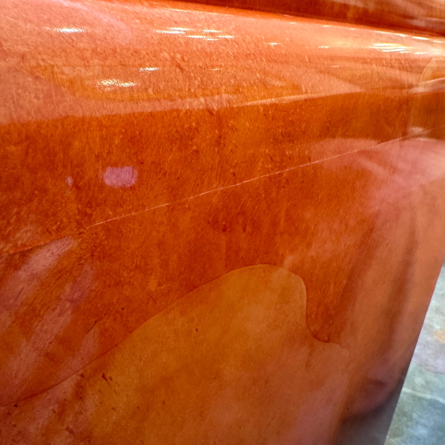 Vintage Postmodern Faux Goatskin Orange Lacquer Console Table
