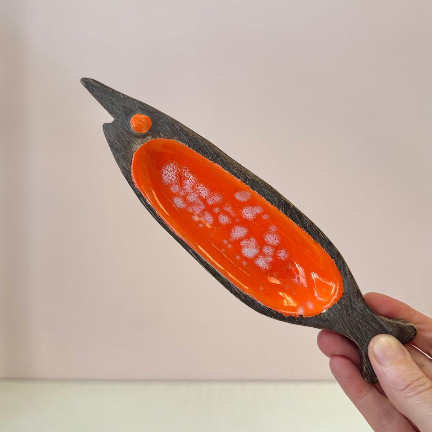 Pair of Mid Century Orange Glazed Ceramic Fish Catchall Dishes