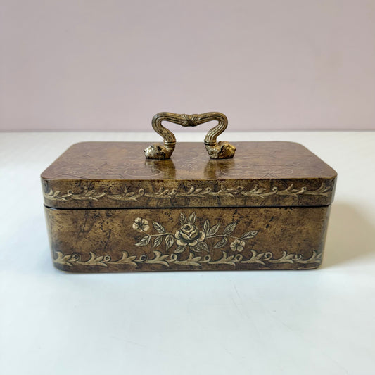 Vintage Lacquered Decoupage Box with Lion Head Handle