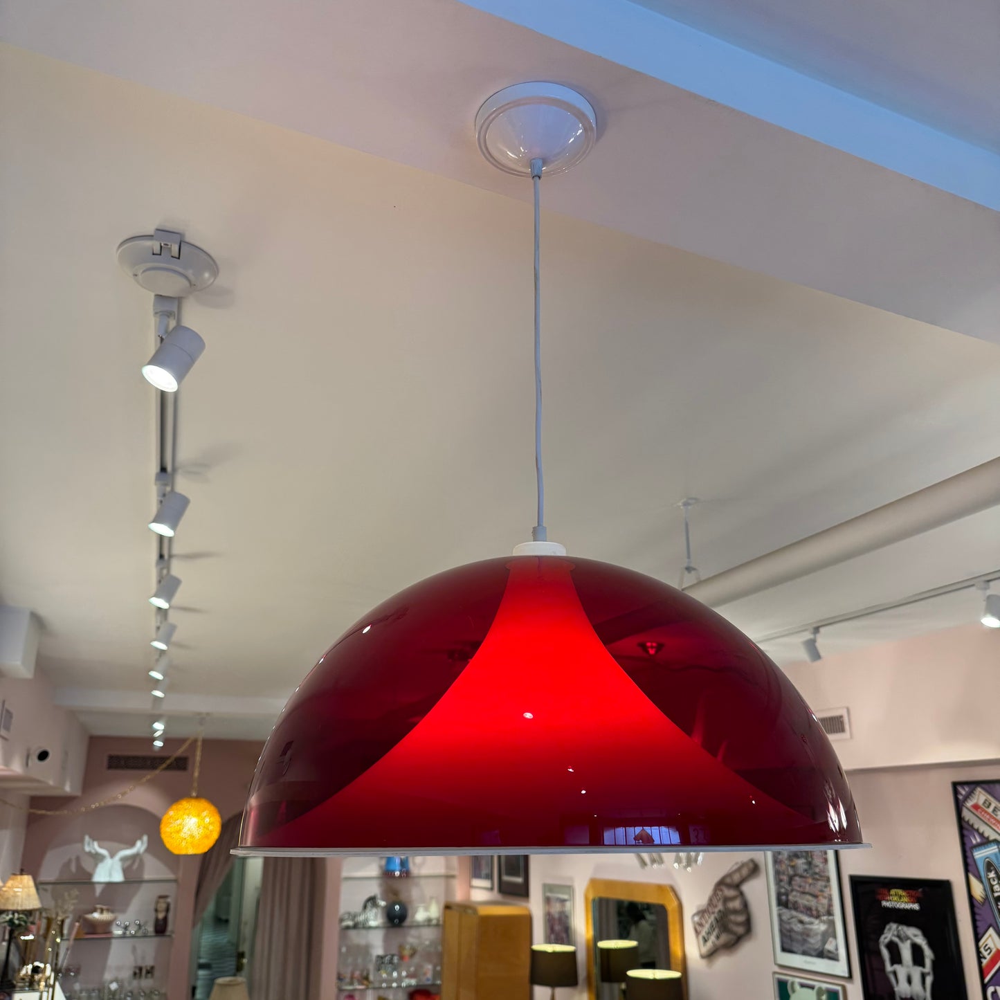 Vintage Red and White Space Age Dome Pendant Light