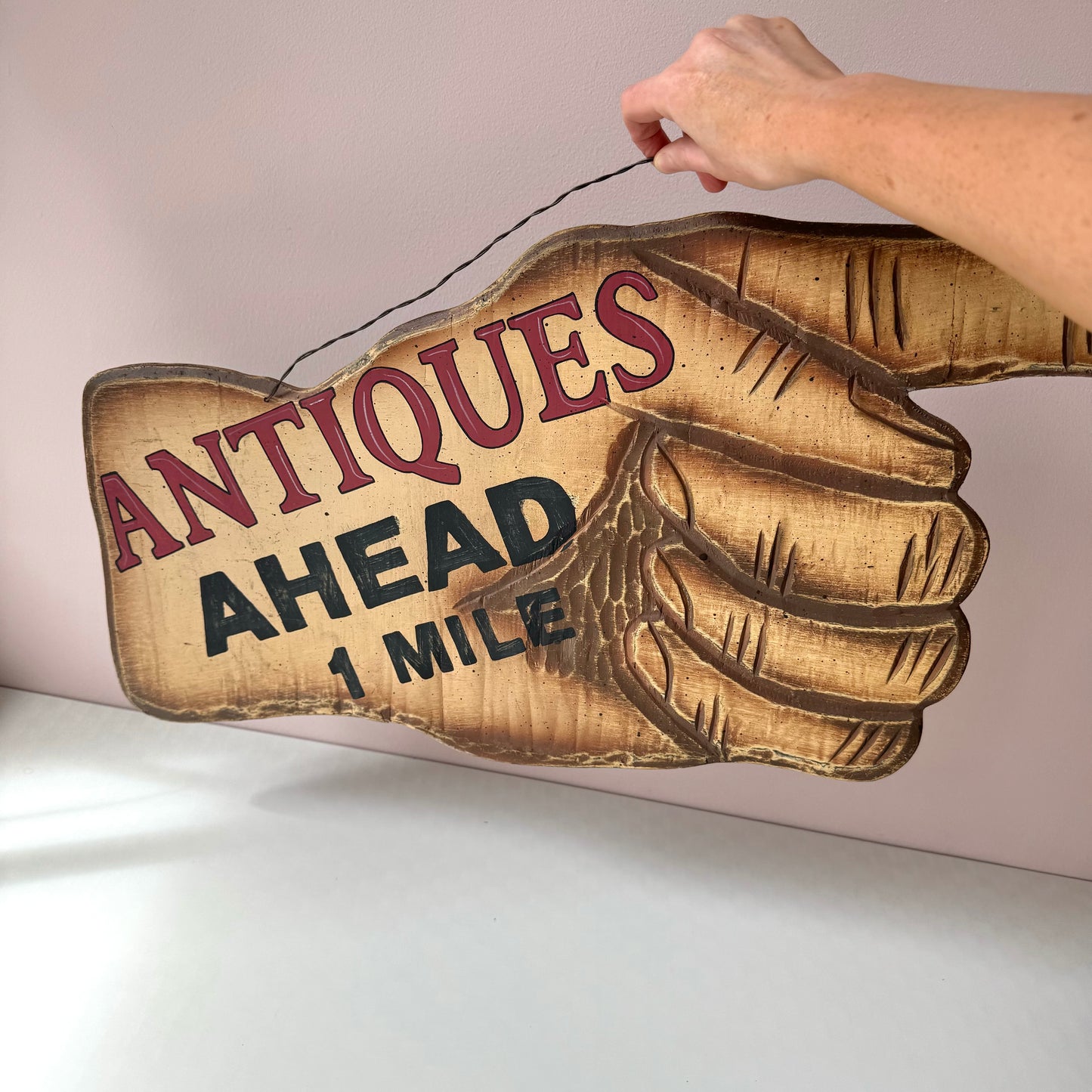 Vintage “Antiques Ahead 1 Mile” Pointing Hand Sign