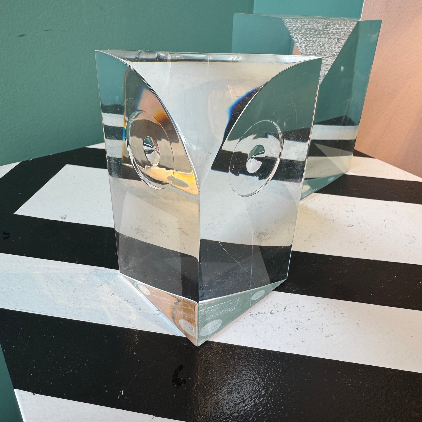 Pair of Vintage Lucite Owl Triangular Block Bookends by Will Hardy