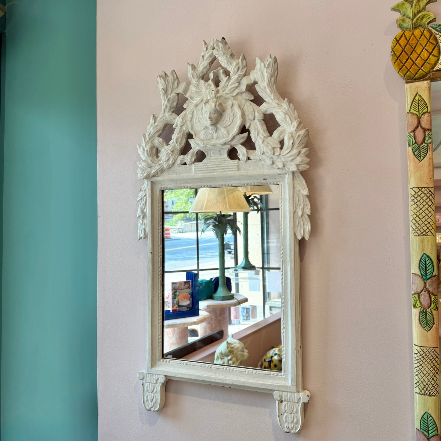Vintage White Rococo Style Mirror with Carved Maiden Mask Crest