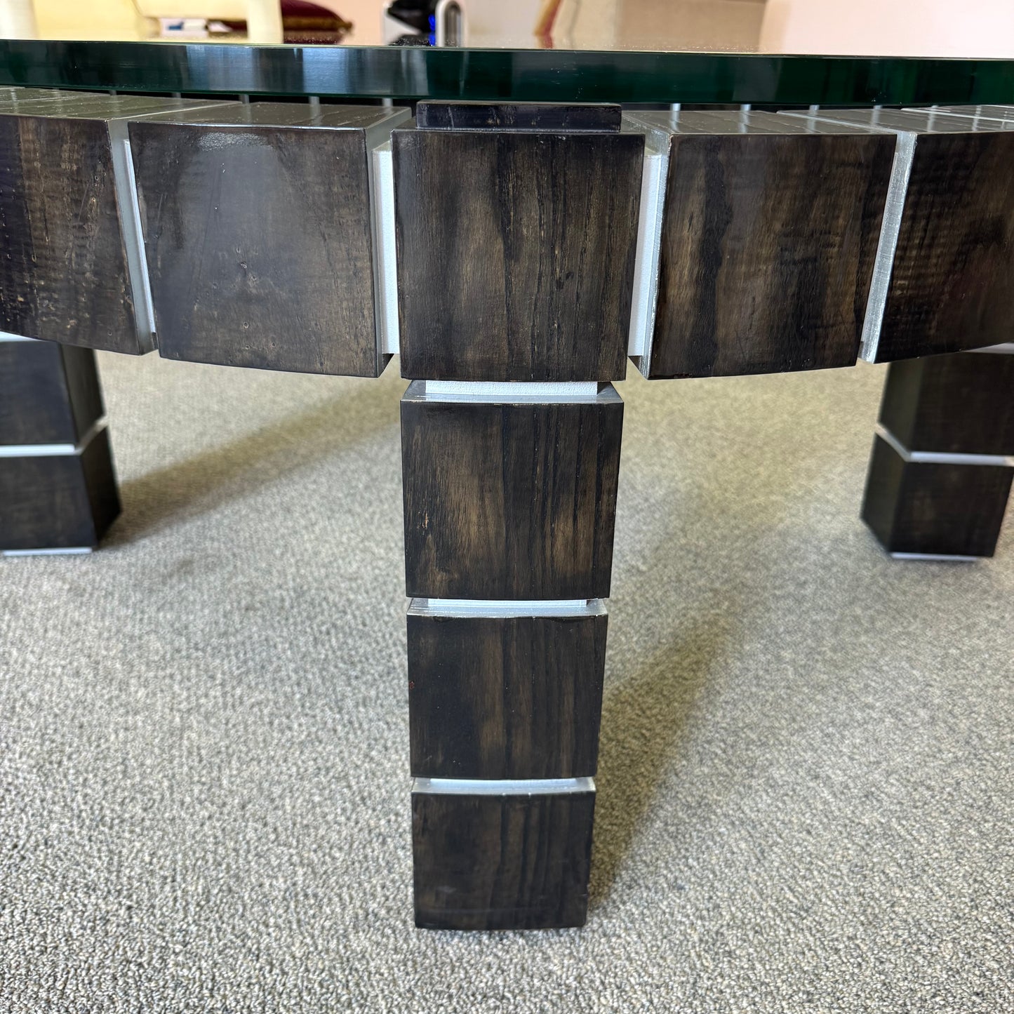 Vintage Postmodern Dark Wood Block and Glass Circular Coffee Table