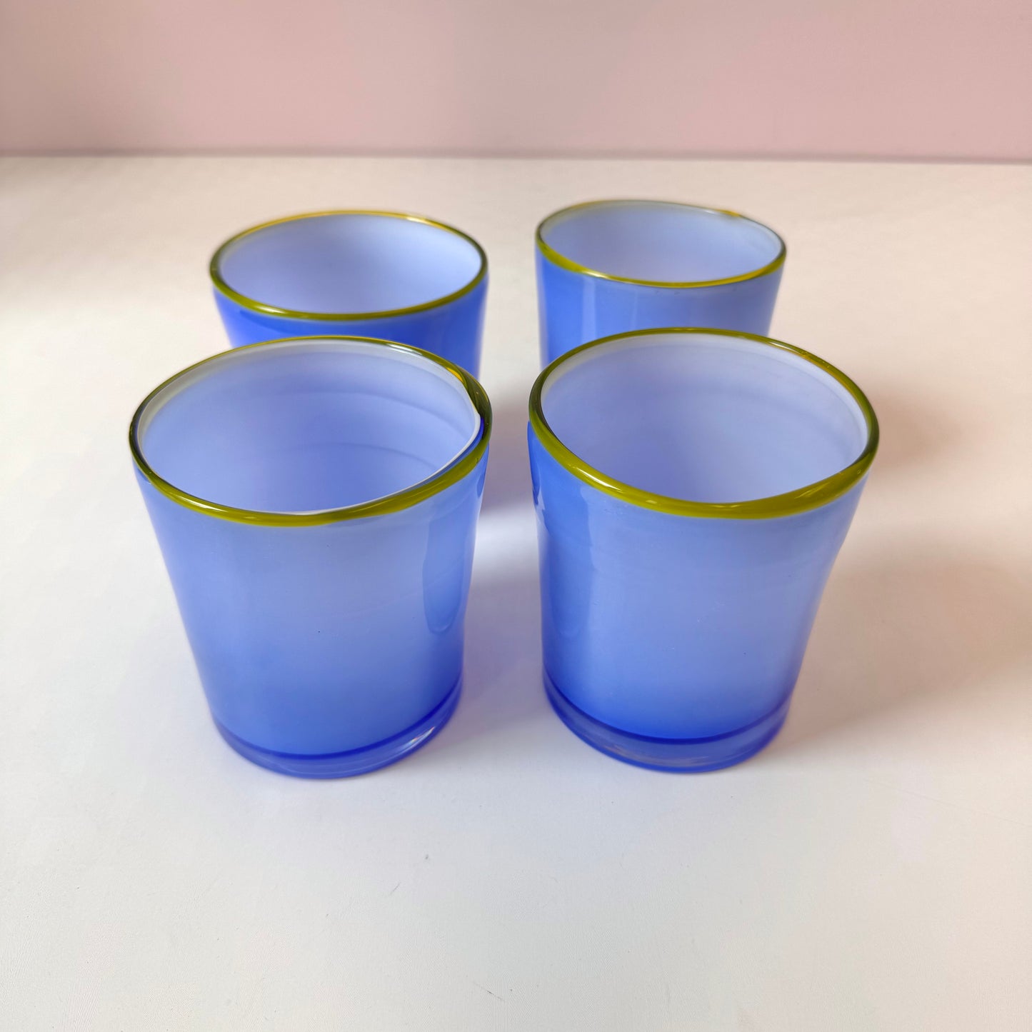 Vintage Set of 4 Handblown Periwinkle Blue and Yellow Drinking Glasses