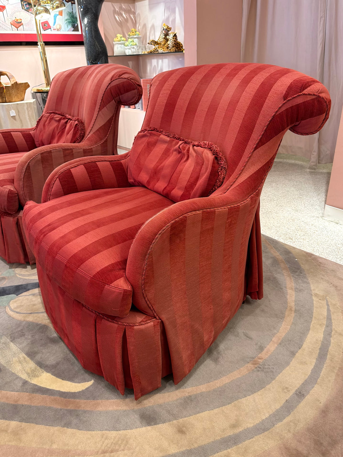 Vintage Raspberry Red Regency Style Striped Lounge Armchair by Lexington Furniture /item
