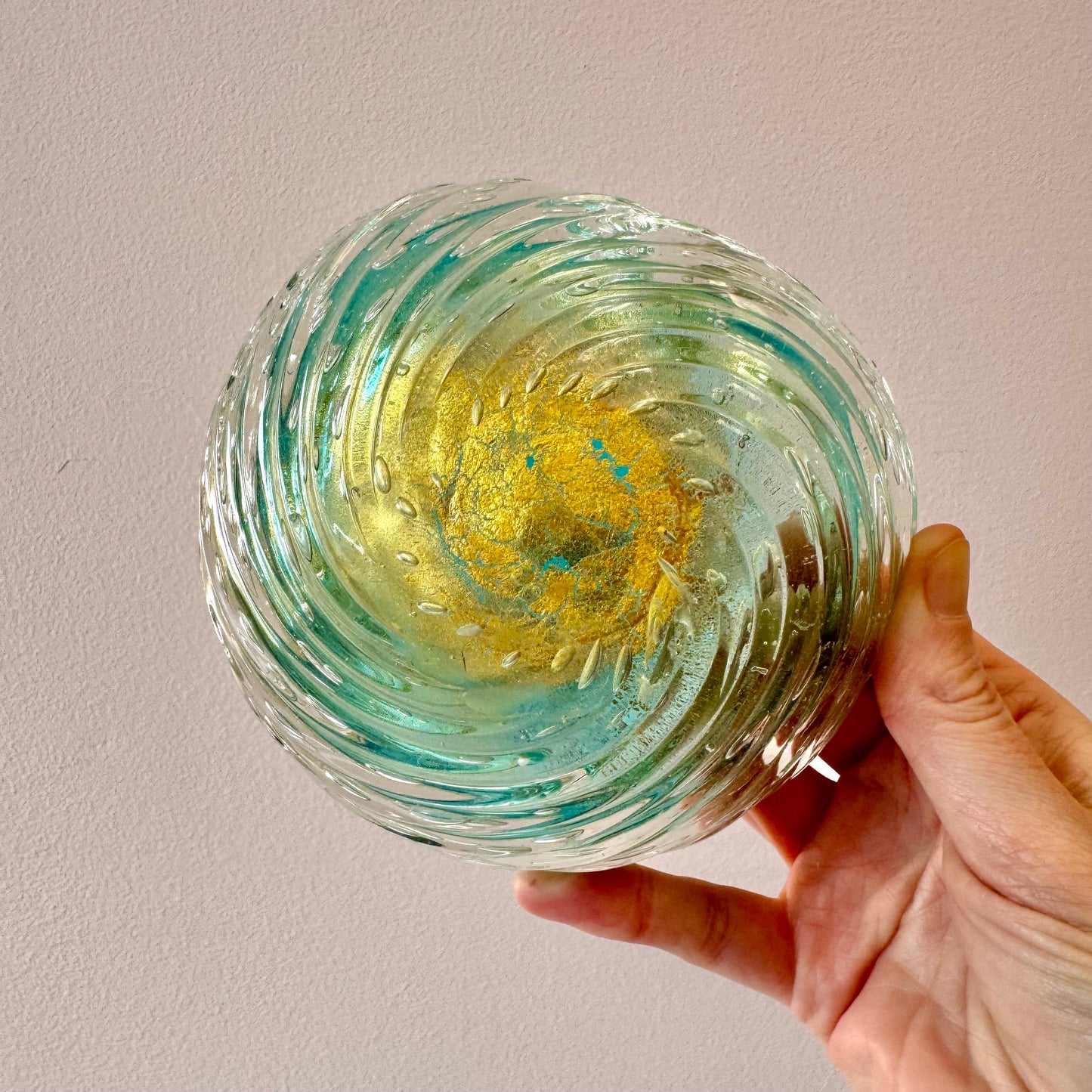 Chunky Vintage Aqua Green and Gold Leaf Murano Glass Ashtray/Bowl