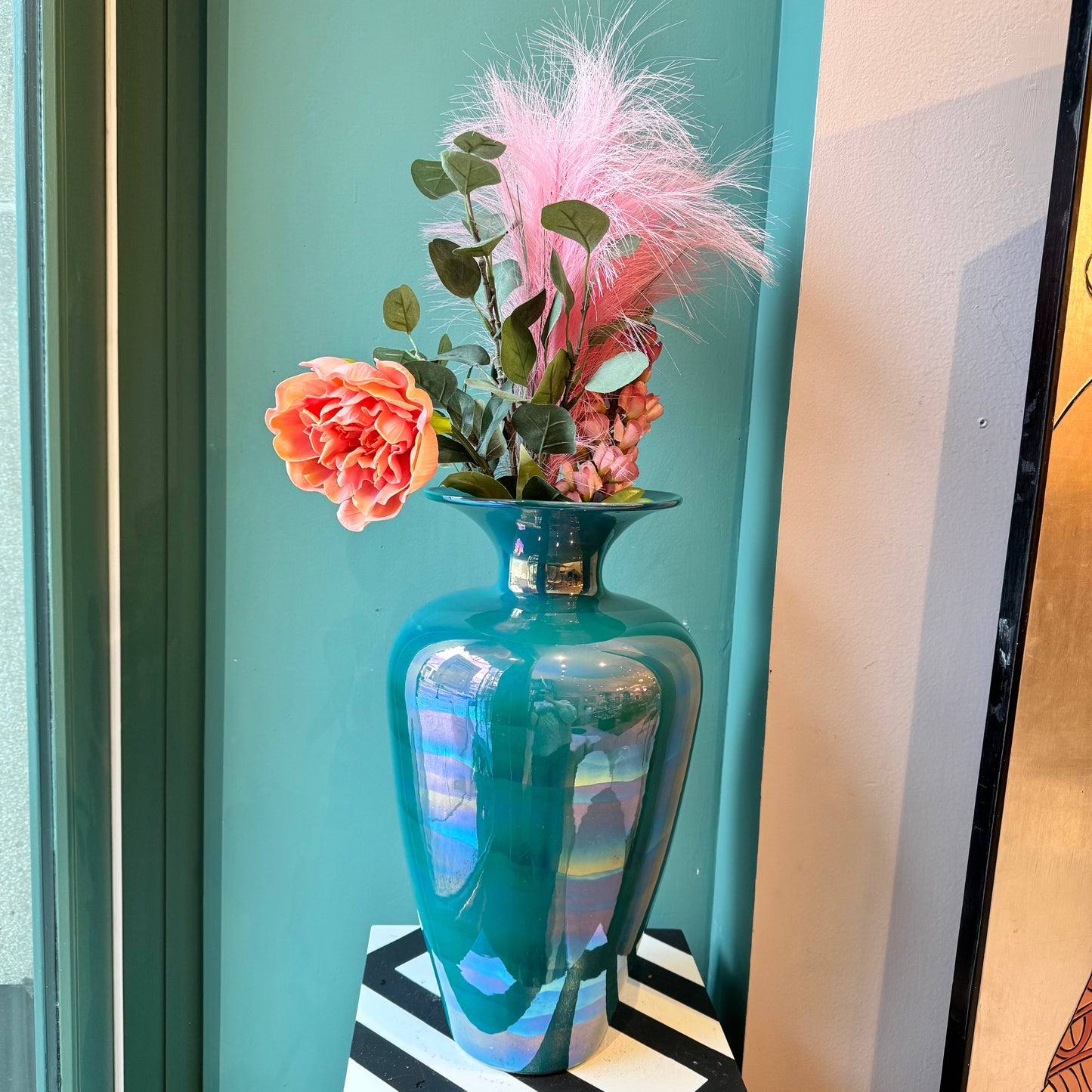 Vintage Large Teal Pearlescent Flower Vase