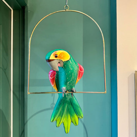 Vintage Papier Maché Parrot Sculpture on Hanging Stand