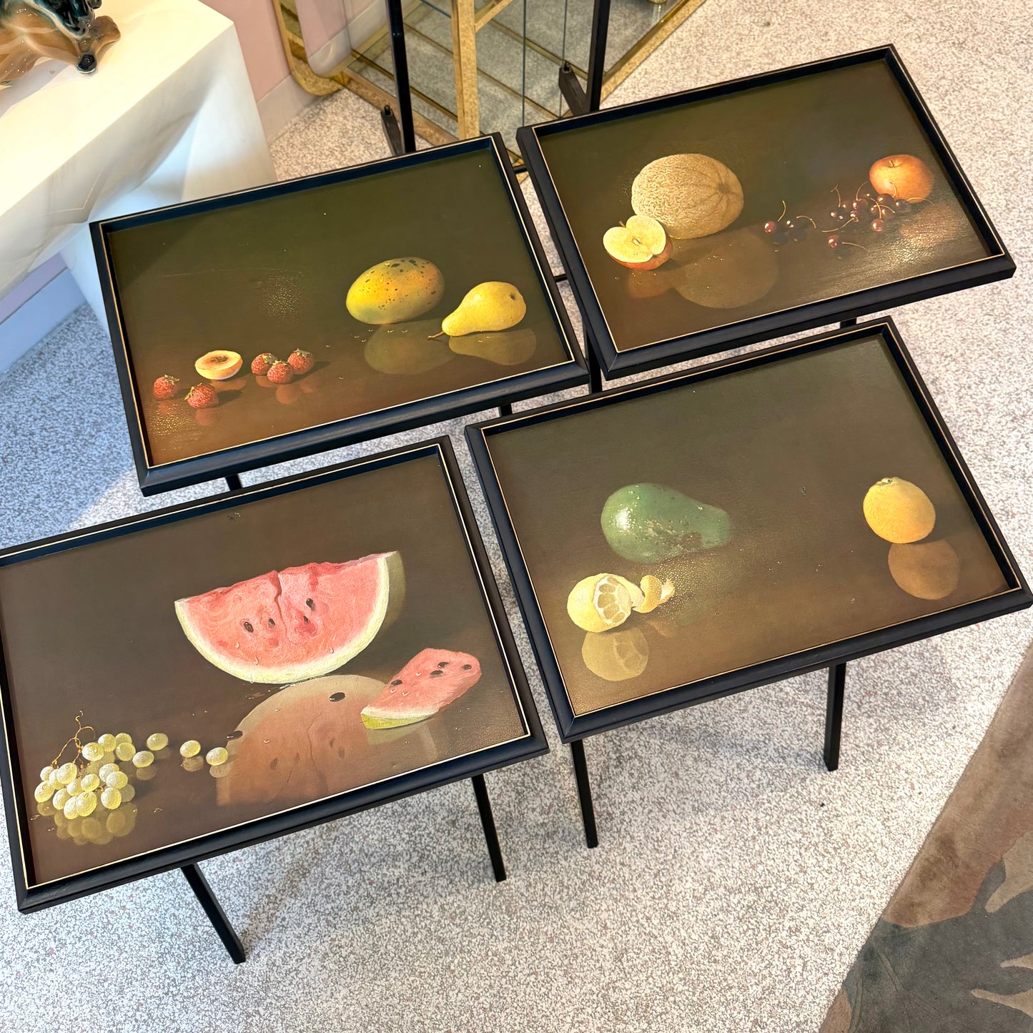 Set of 4 Vintage 1960’s Still Life Fruit Folding Tables with Stand by Artex