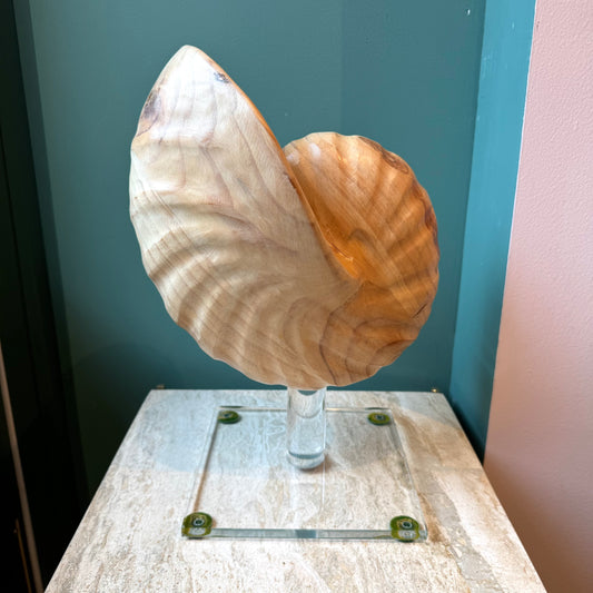 Vintage Carved Wooden Nautilus Shell on Lucite Stand