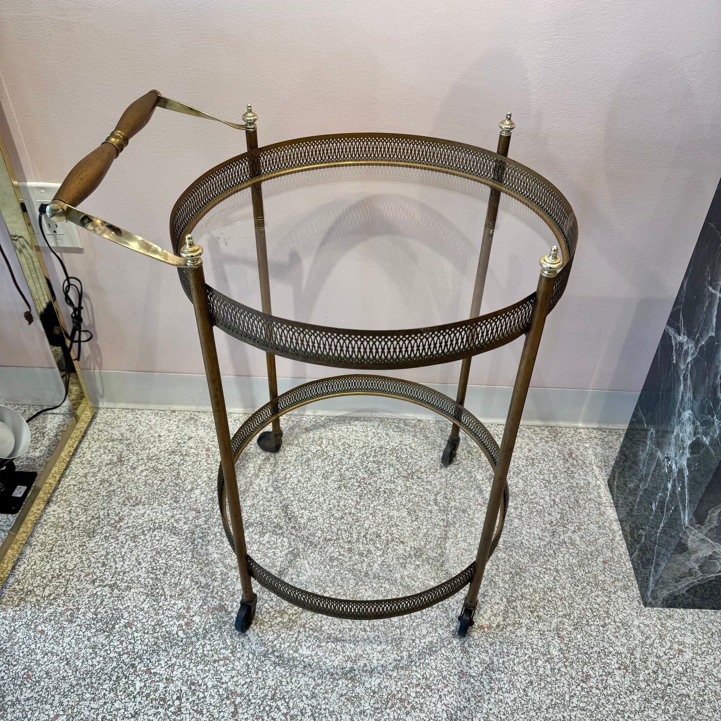 Vintage Mid Century Round Brass and Glass Rolling Bar Cart
