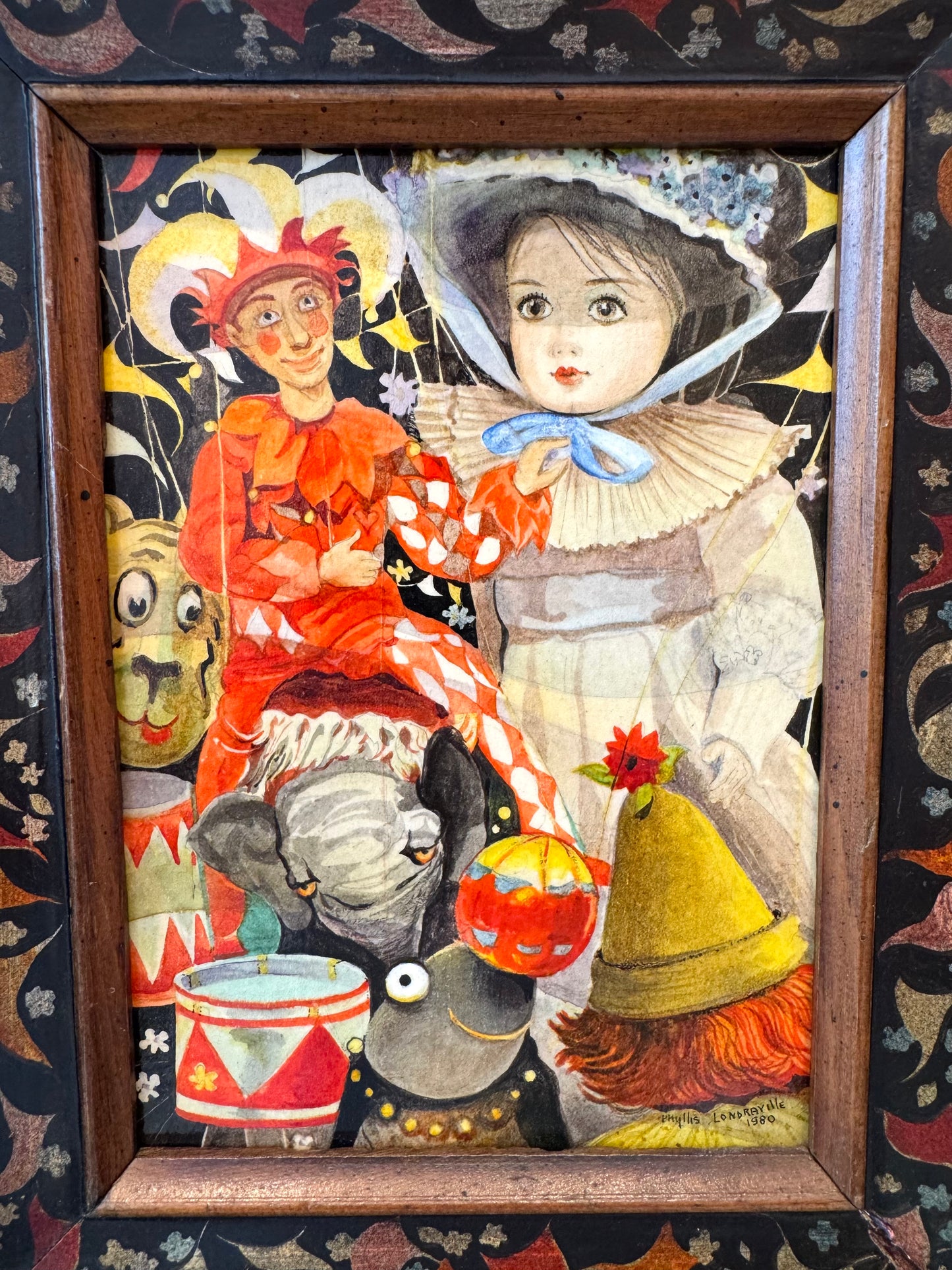 Vintage Small Original Framed "The Little Circus" 1980 Mixed Media on Board by Phyllis Londraville