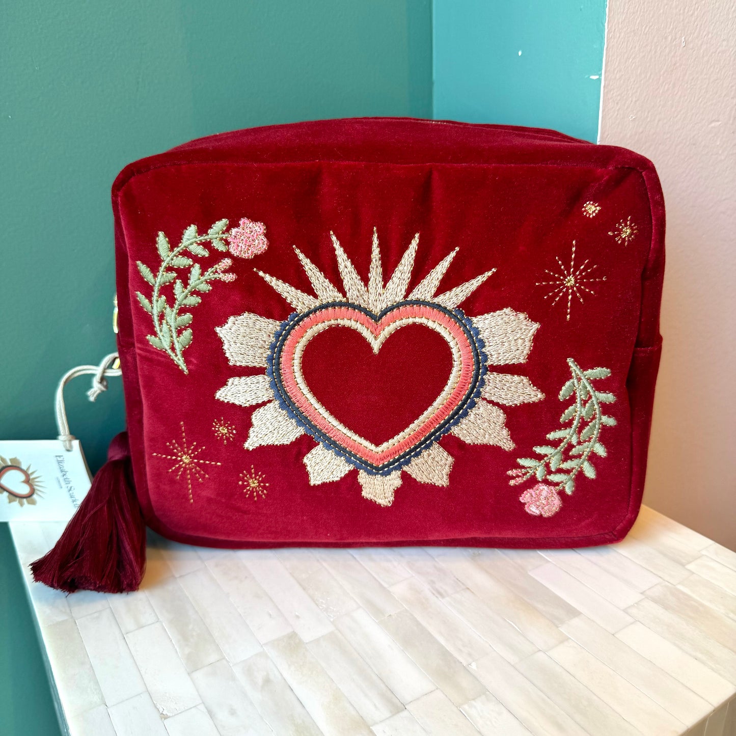 Red Velvet Sacred Heart Wash Bag by Elizabeth Scarlett
