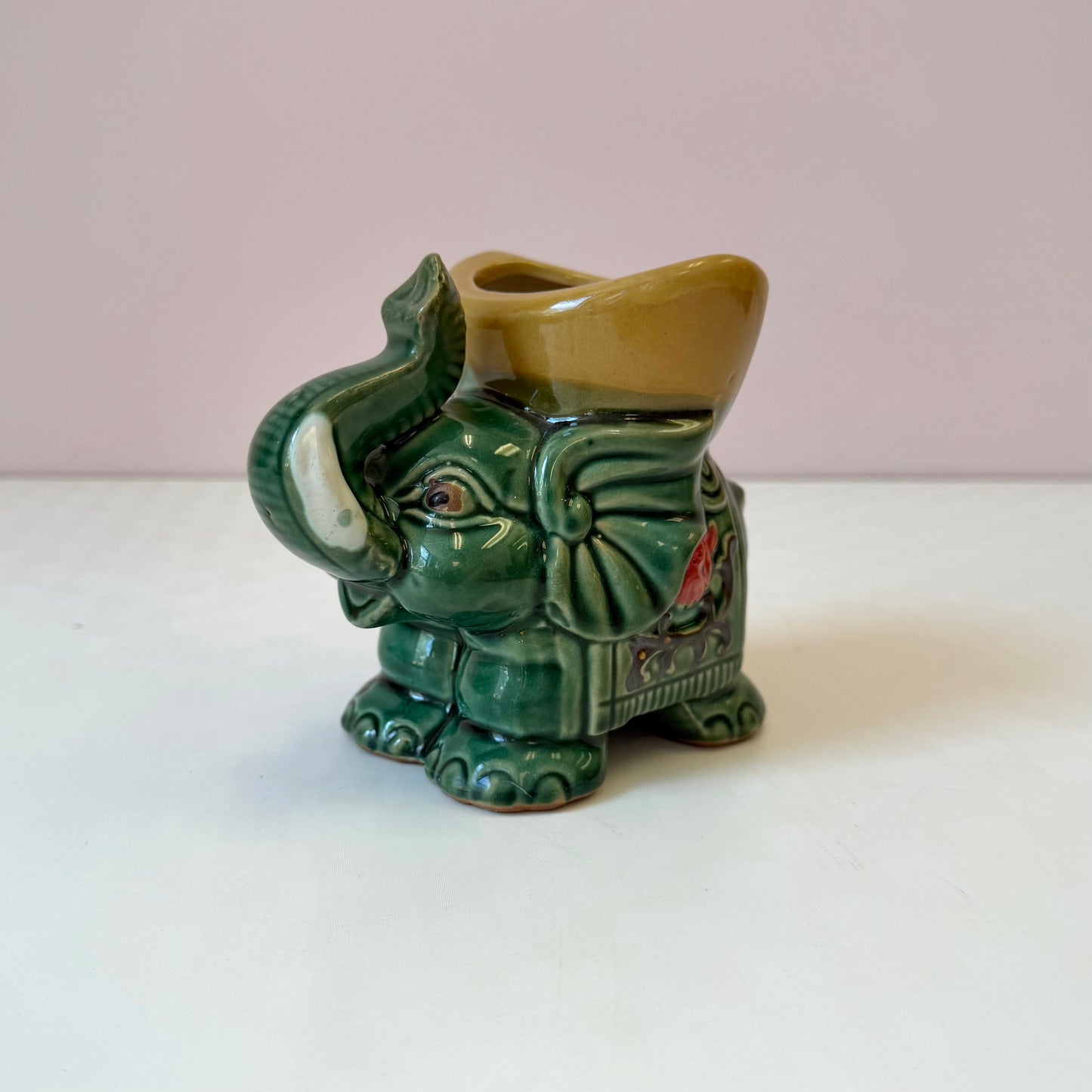 Vintage Green Glazed Ceramic Elephant Planter