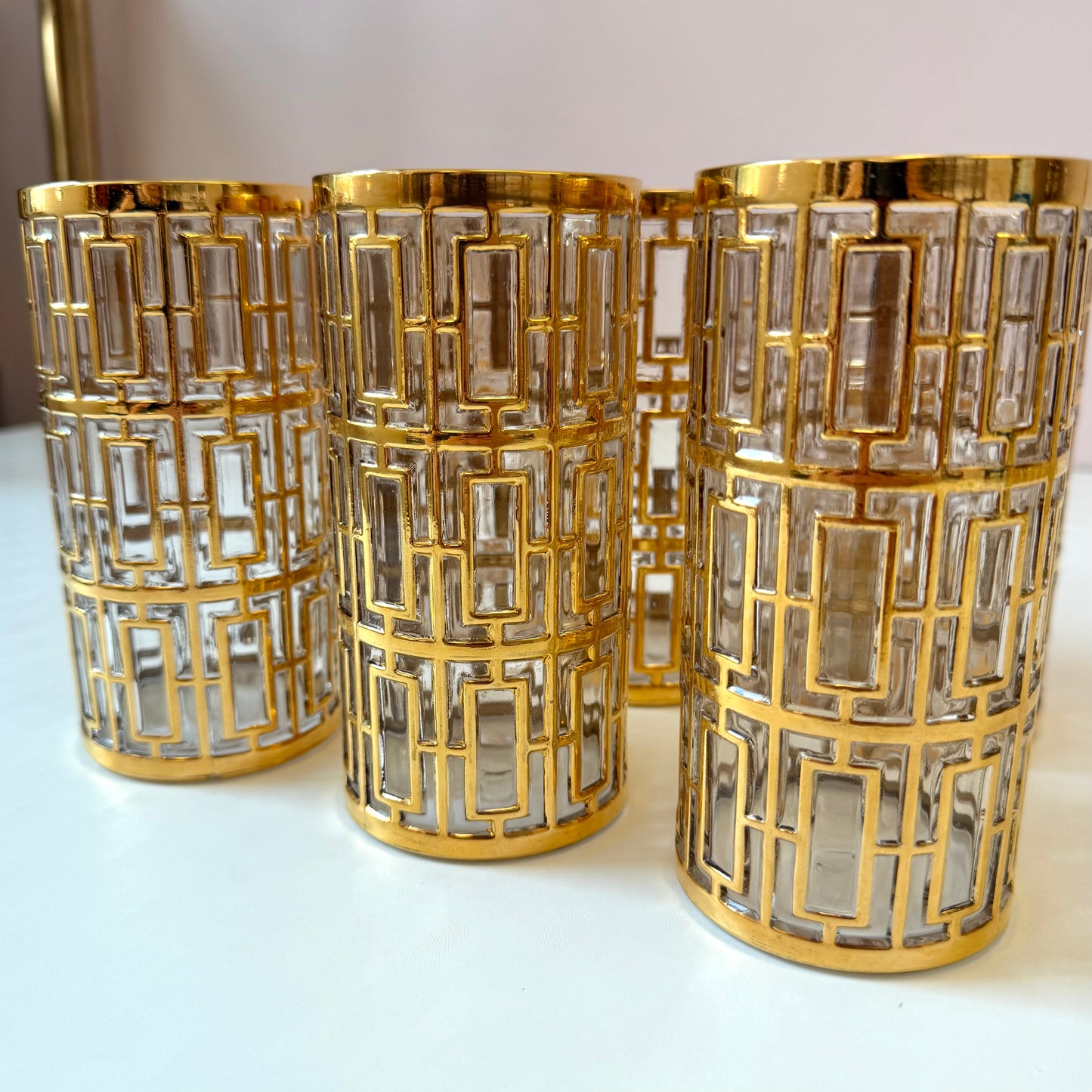 Vintage Set of 6 Imperial Glass Company Highball Glasses in the Gold Shoji Pattern