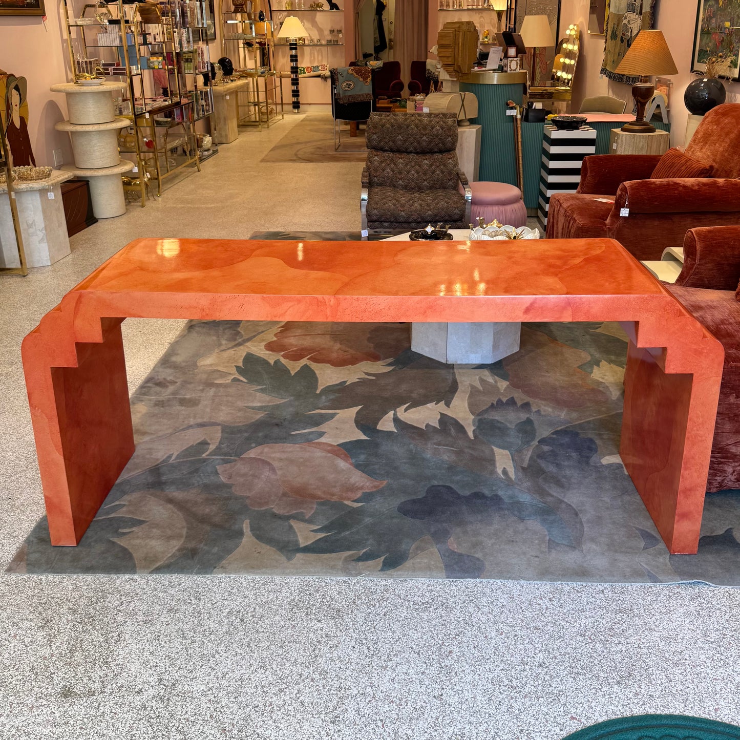 Vintage Postmodern Faux Goatskin Orange Lacquer Console Table