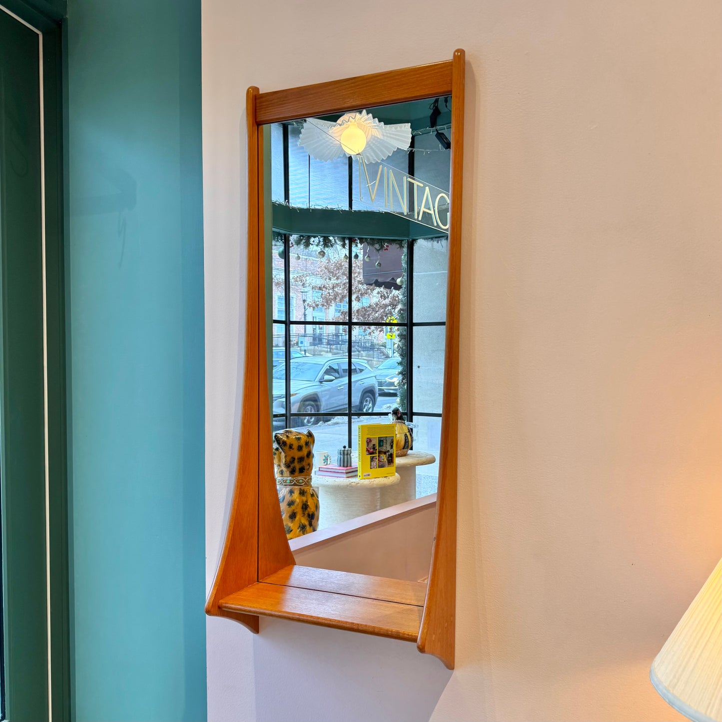 Mid Century Danish Teak Curved Wall Mirror with Shelf by Pedersen and Hansen