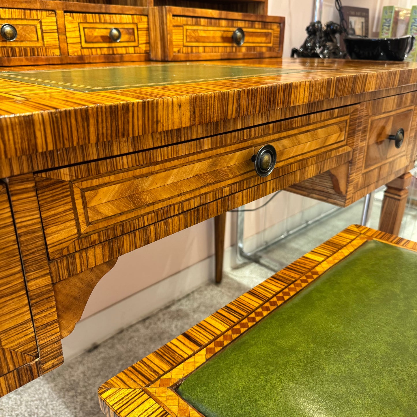 Vintage Carlton House Style Marquetry Writing Desk and Stool