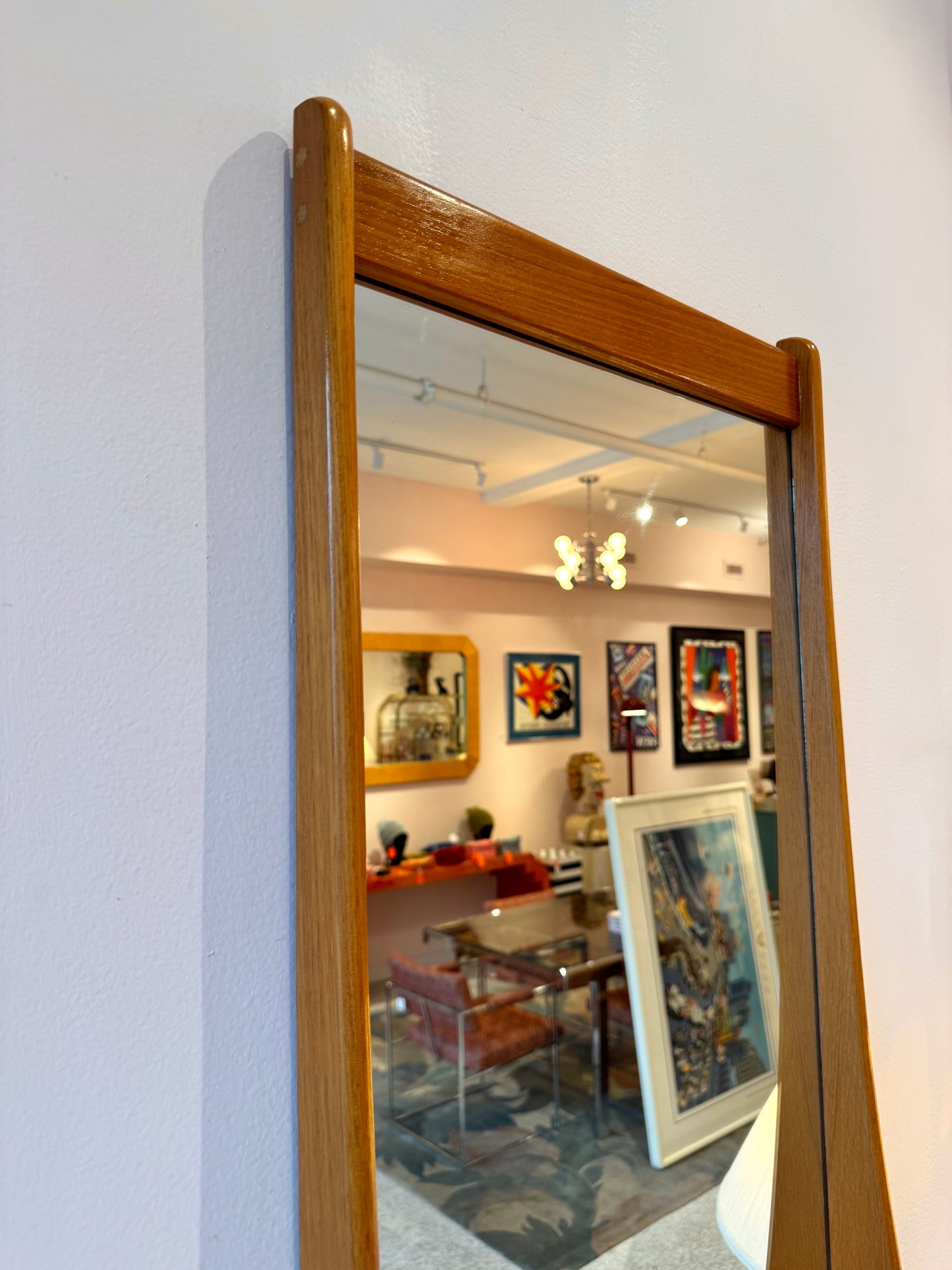 Mid Century Danish Teak Curved Wall Mirror with Shelf by Pedersen and Hansen