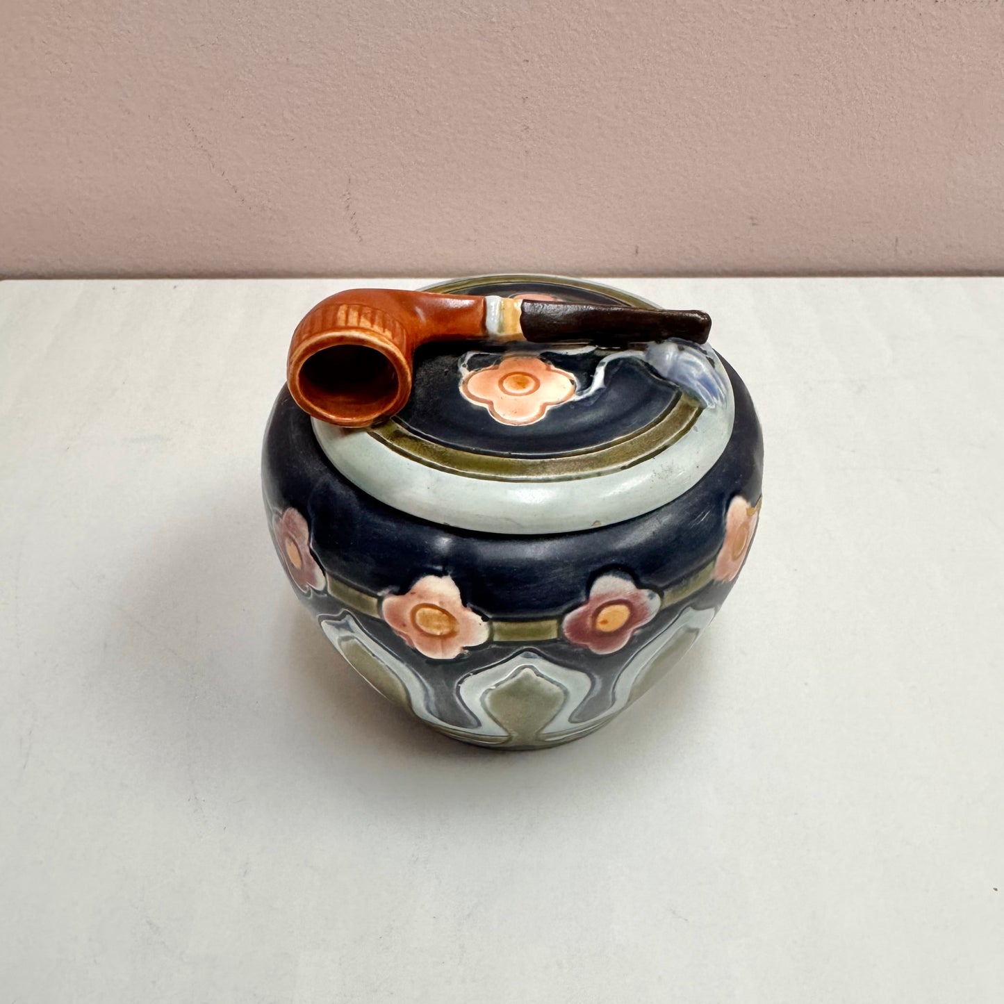 Antique Majolica Pipe Lidded Box