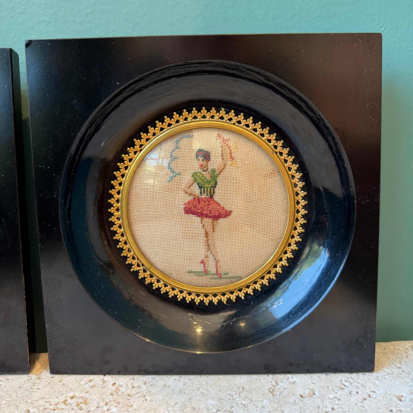 Pair of Vintage Needlepoint Ballerina Wall Plaques