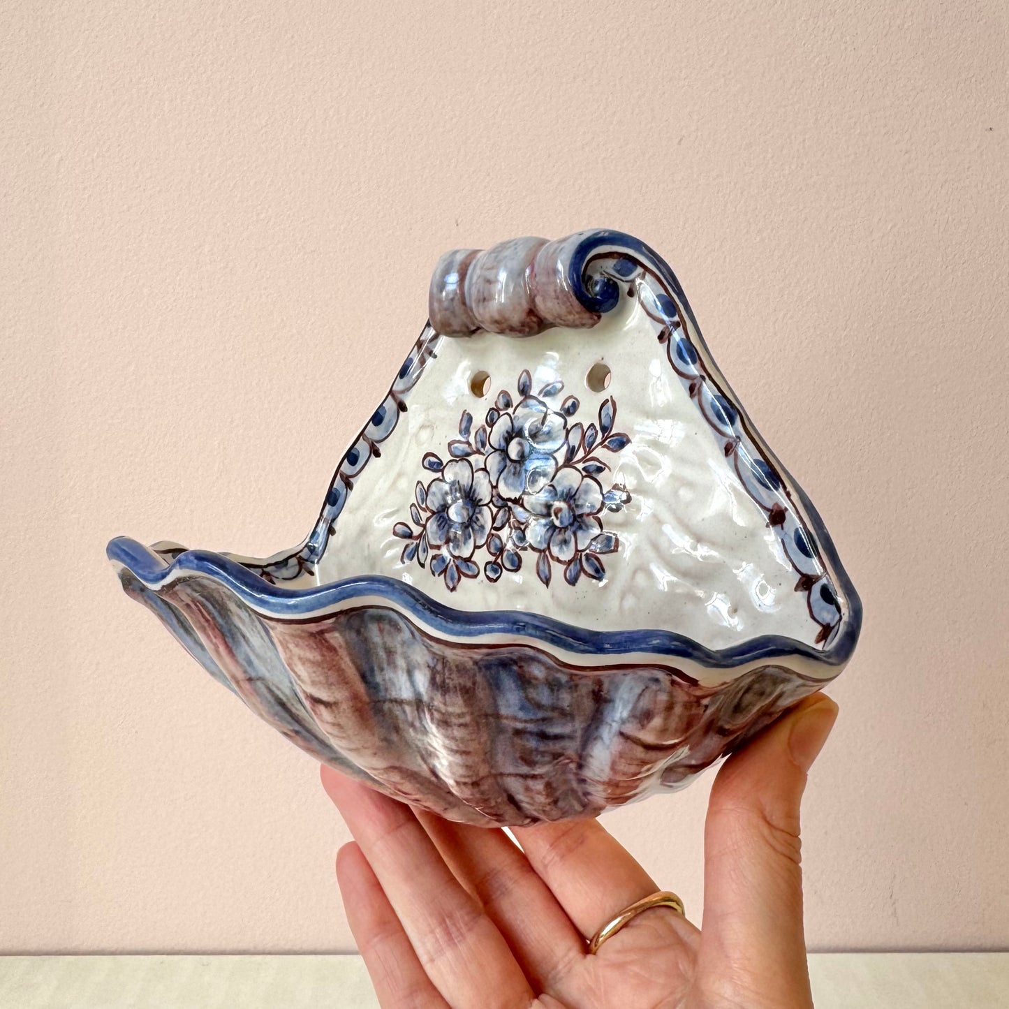 Vintage Ceramic Shell with Floral Decal Wall Pocket