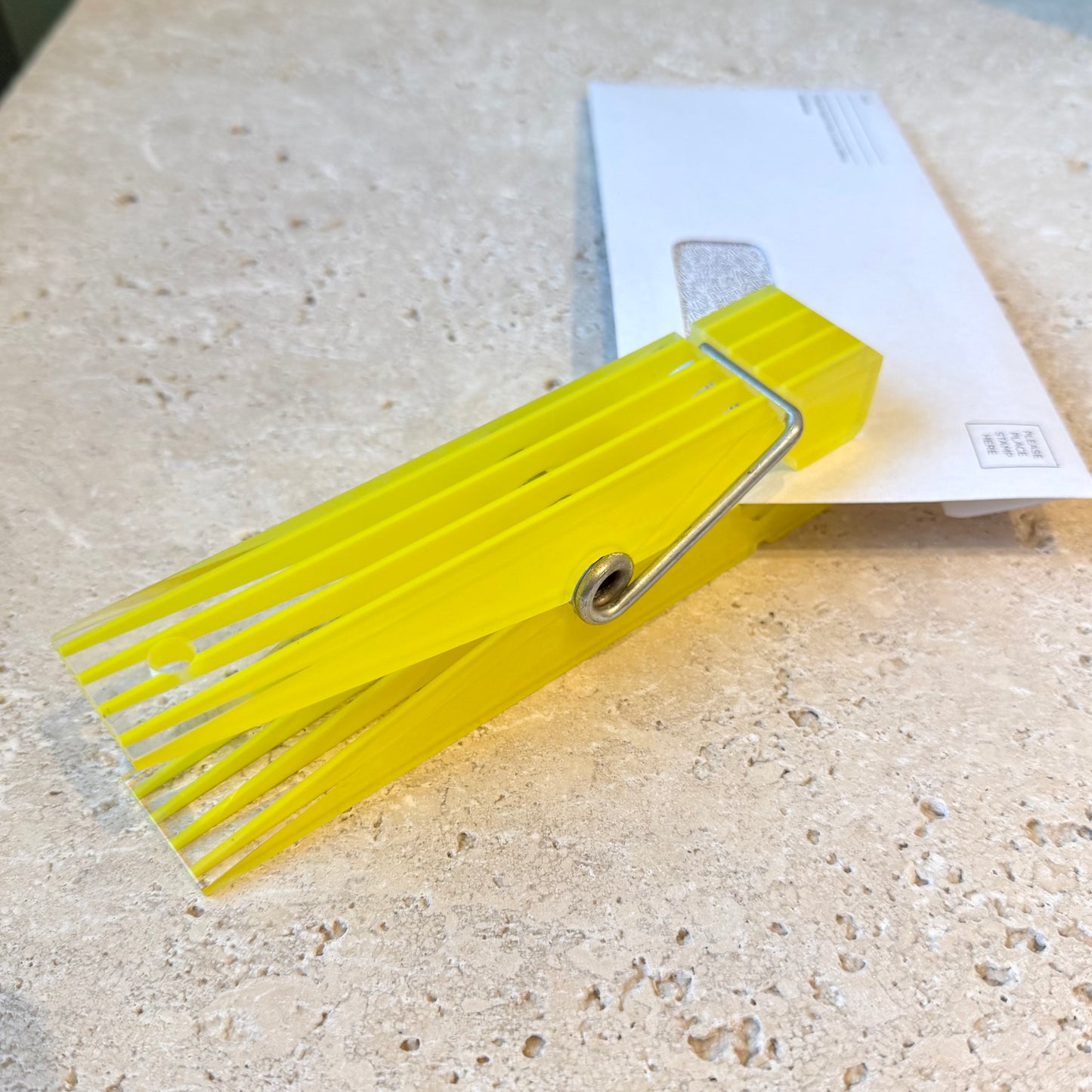 Vintage Mid Century Modern Oversized Bright Yellow Acrylic Clothespin Paperweight