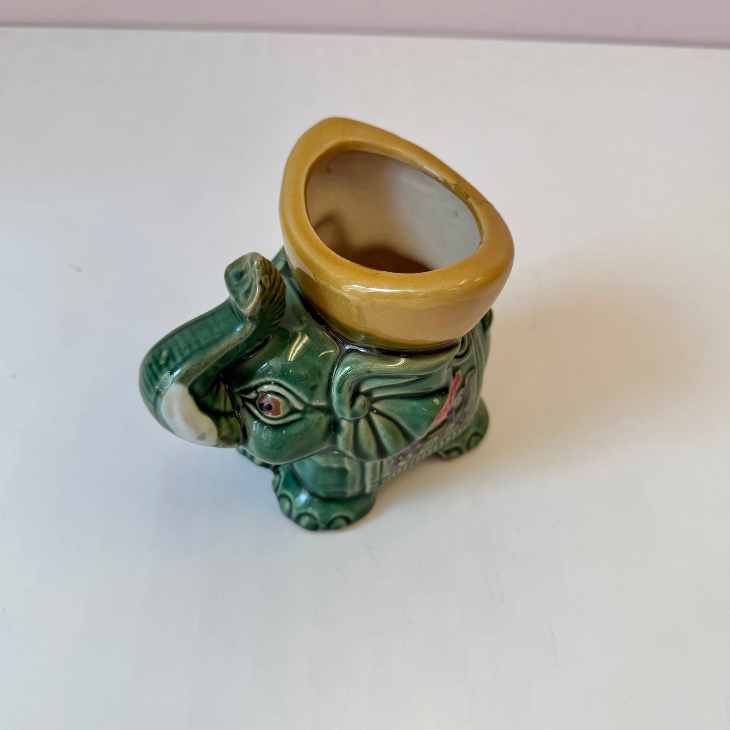 Vintage Green Glazed Ceramic Elephant Planter