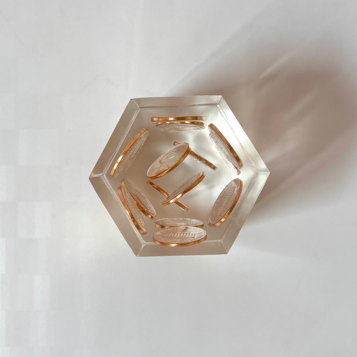 Vintage 1972 Hexagonal Lucite Penny Paperweight