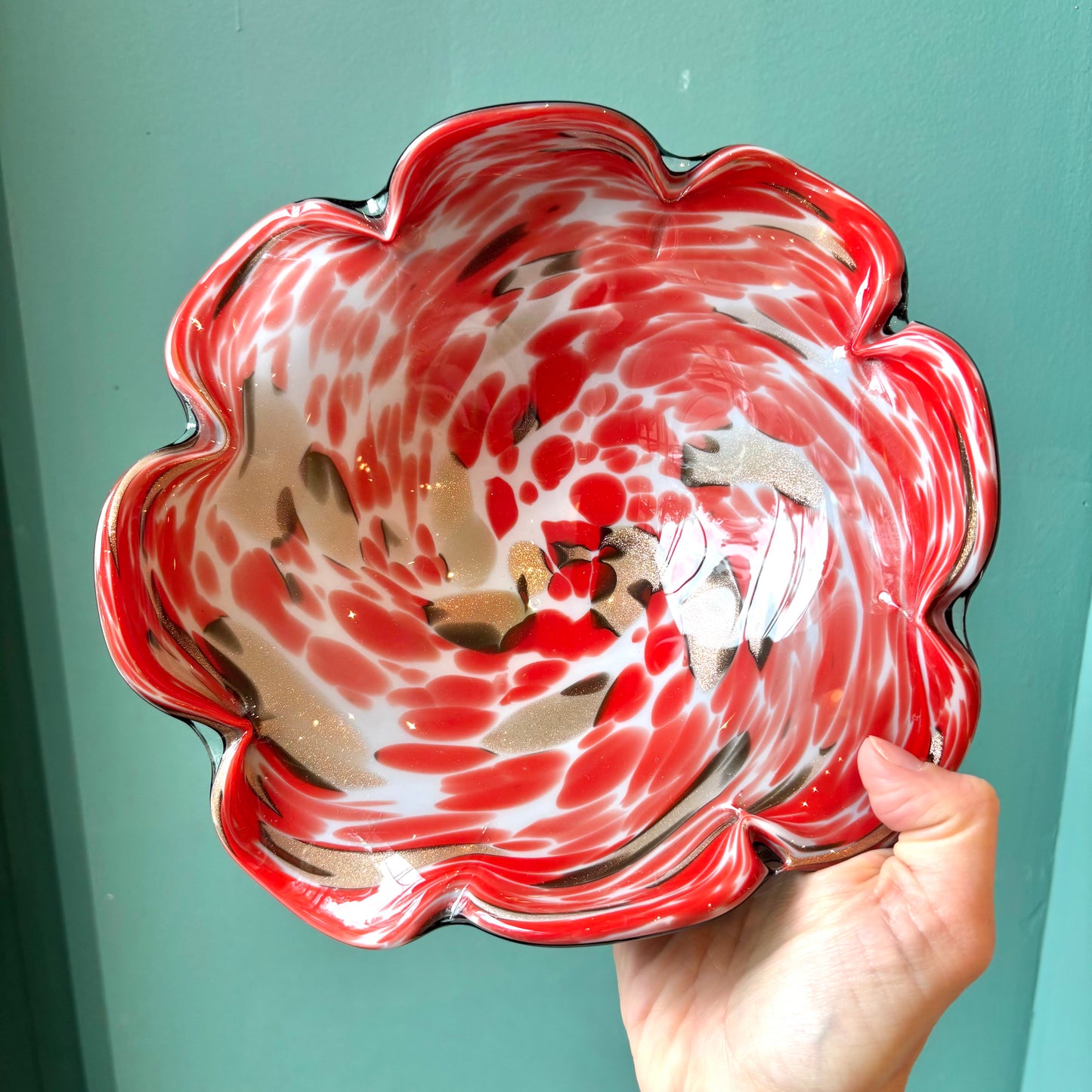 Vintage Red, Black and Metallic Bronze Murano Glass Bowl