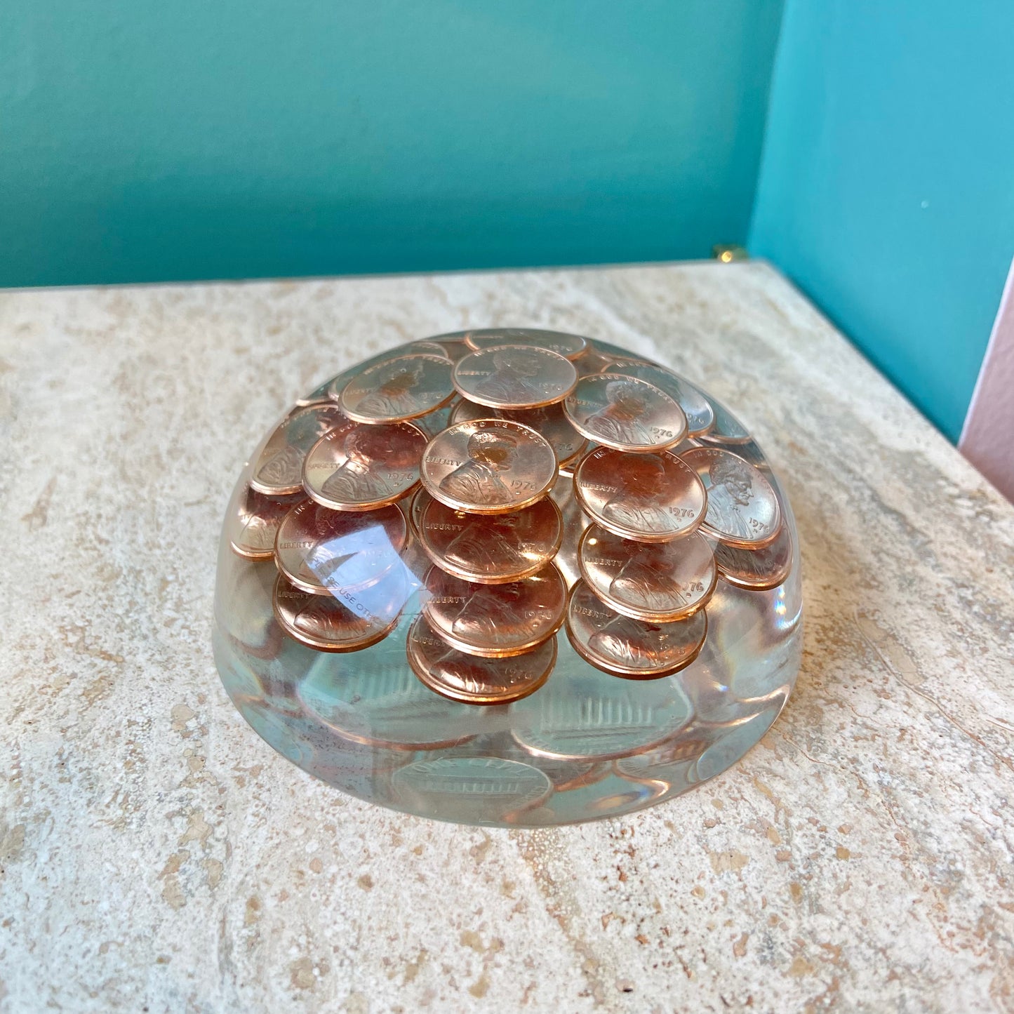 Vintage Lucite 1976 Penny Dome Paperweight