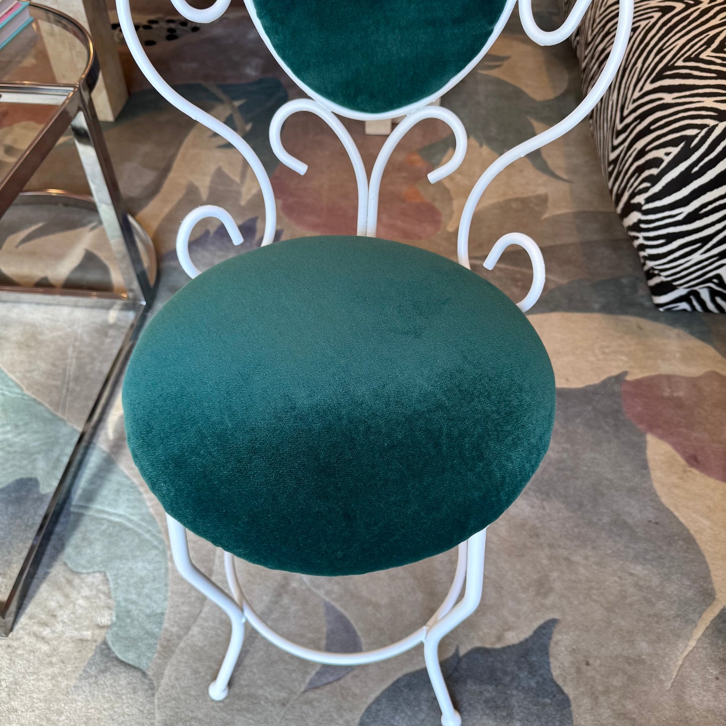 Vintage Small White Iron and Green Velvet Vanity Chair