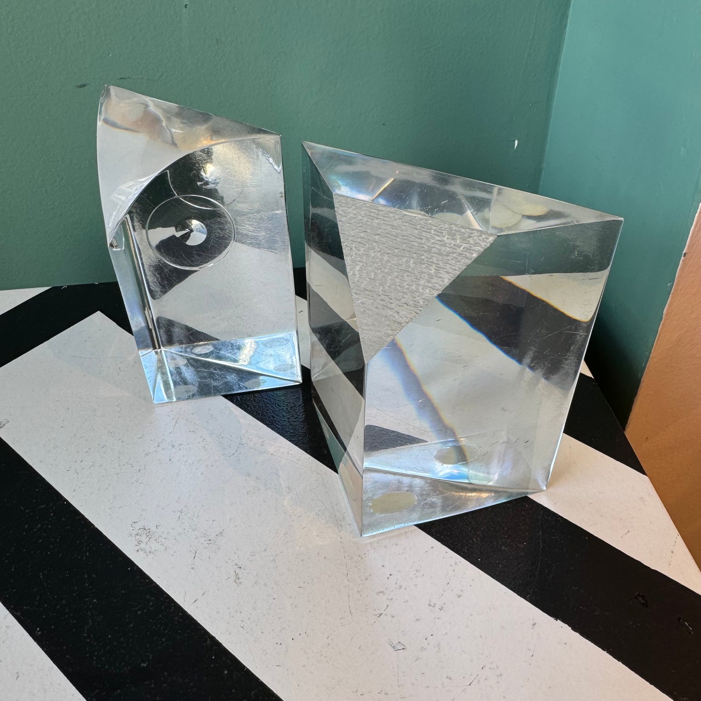 Pair of Vintage Lucite Owl Triangular Block Bookends by Will Hardy