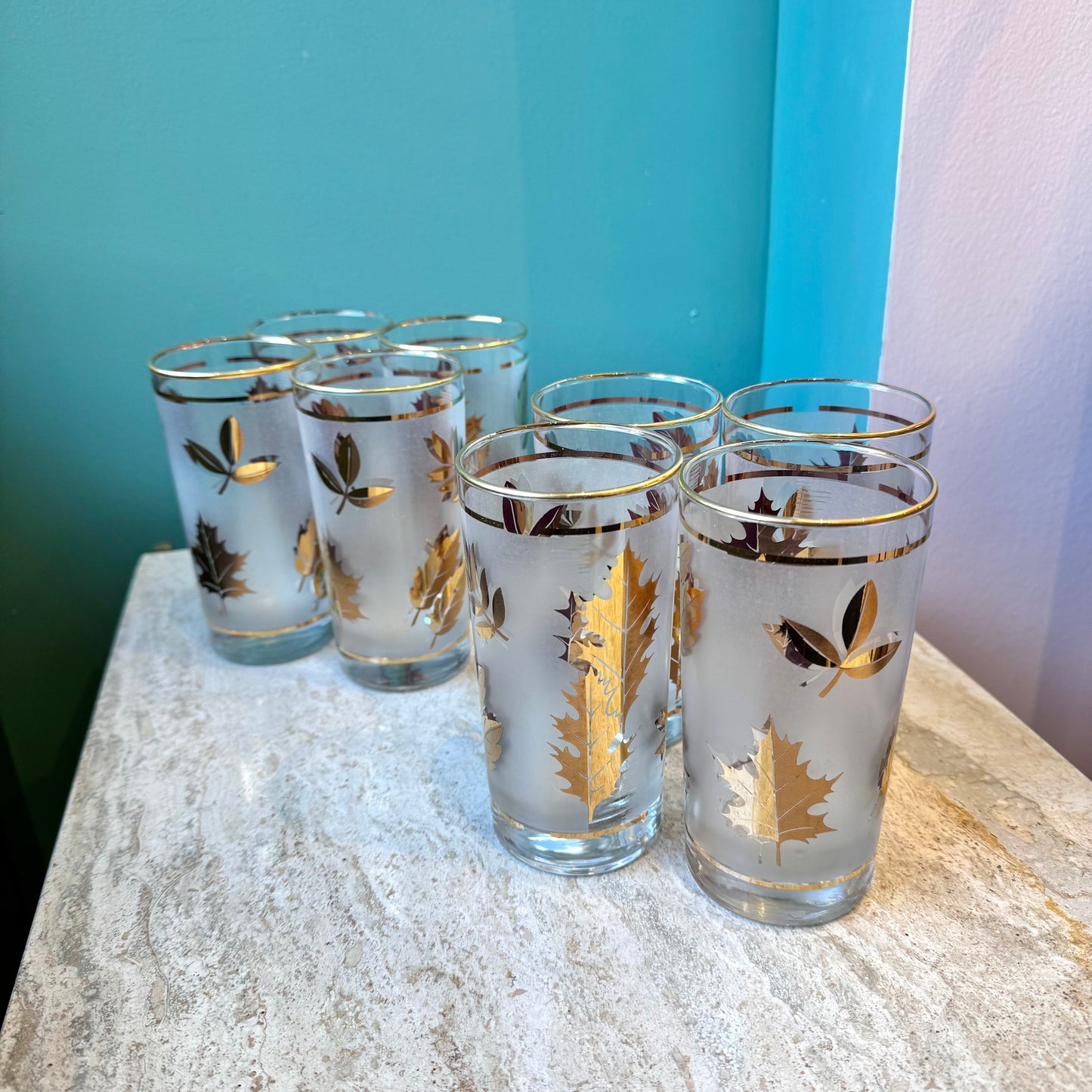 Set of 8 Mid Century Frosted Gold Leaf Drinking Glasses