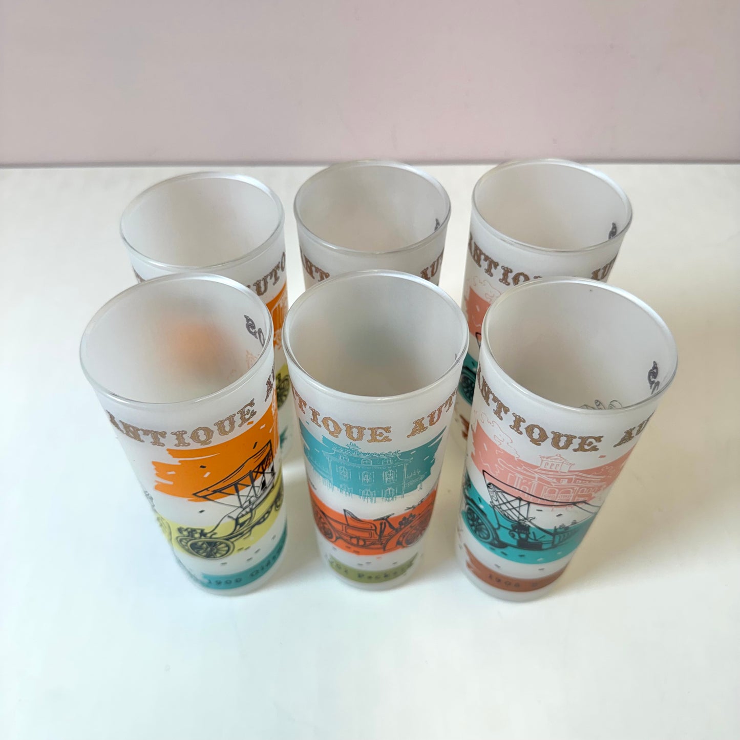 Vintage Set of 6 Anchor Hocking “Antique Autos” Frosted Glass Tumblers