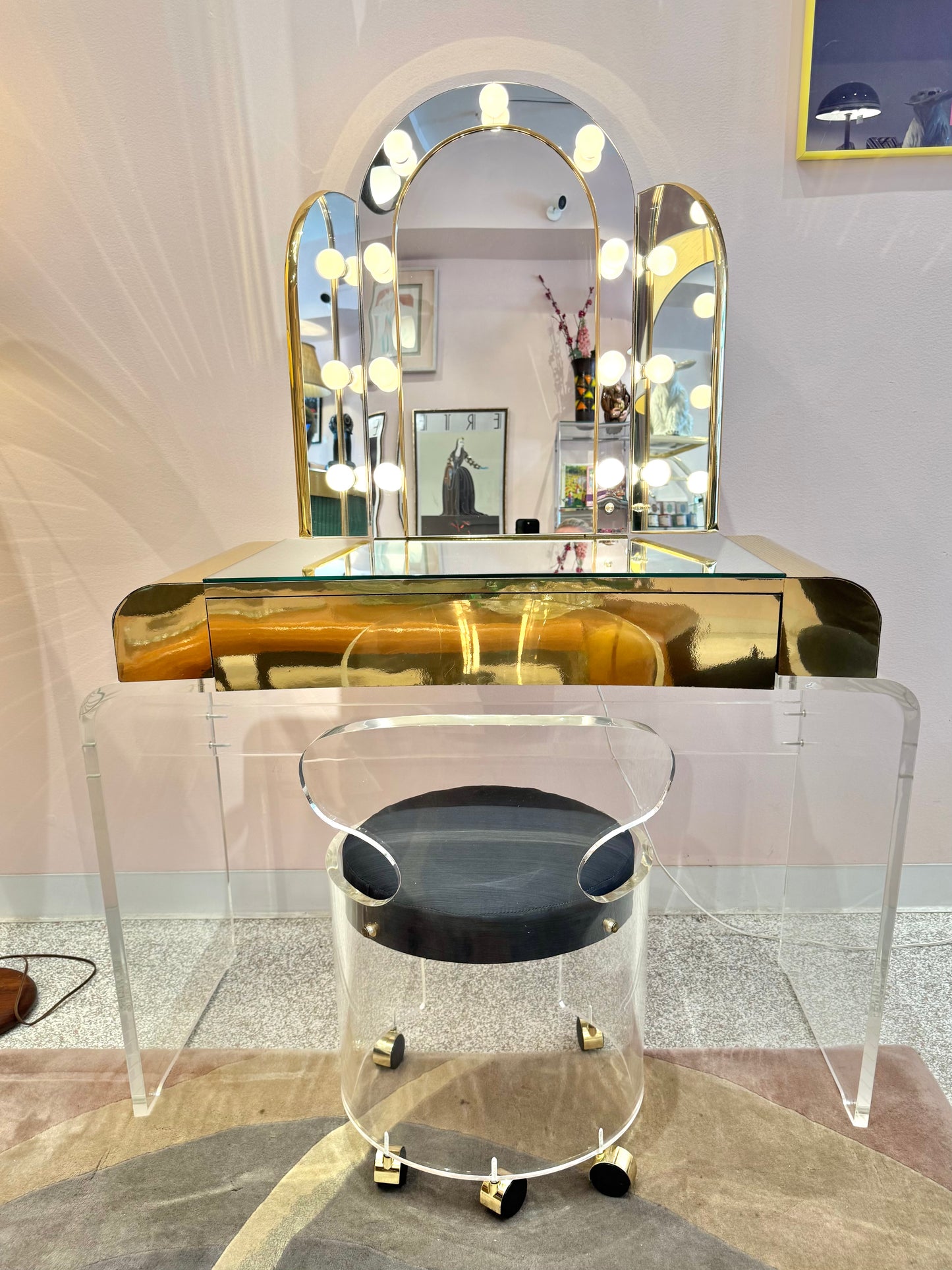 1980's Light Up Lucite Vanity and Stool by Hill Manufacturing