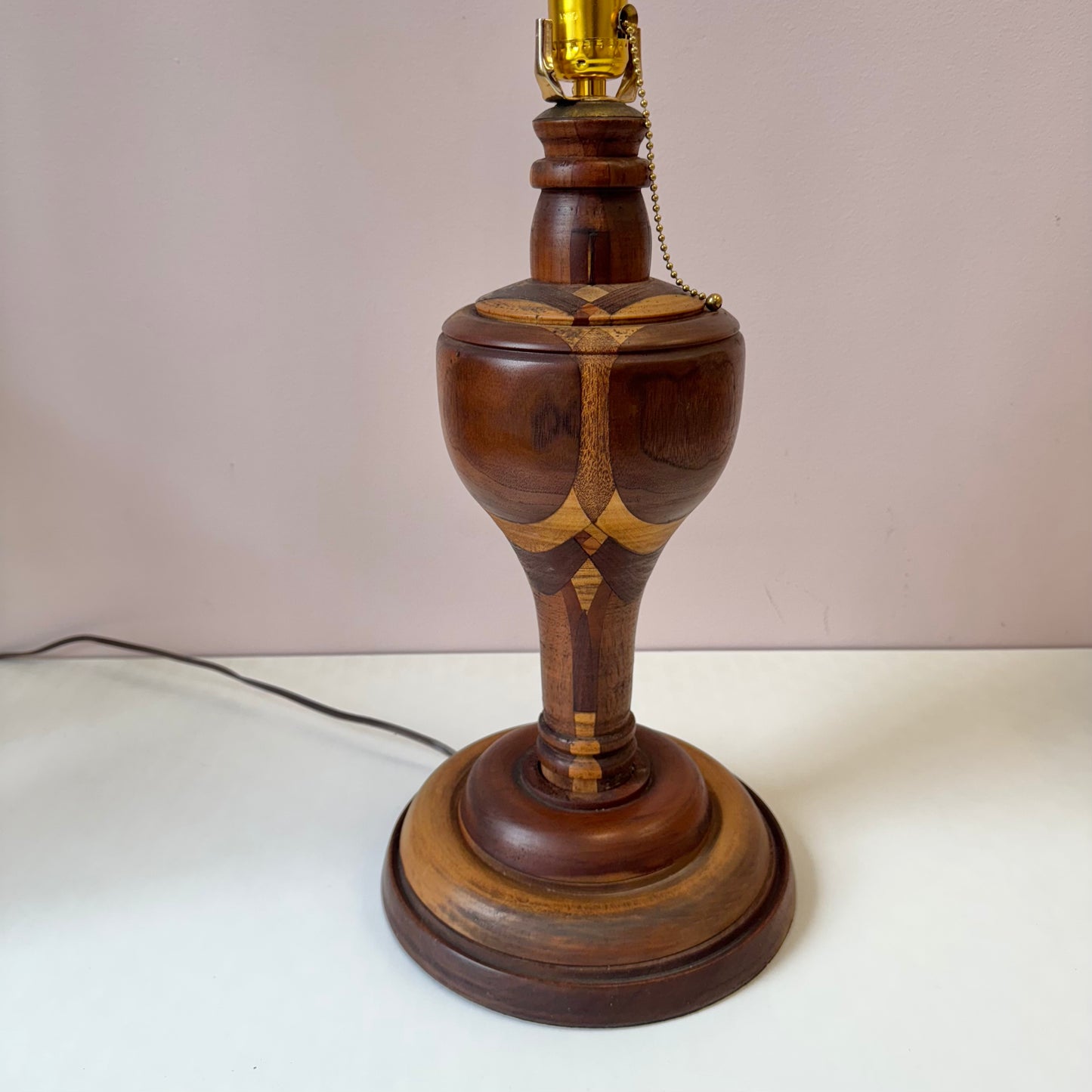 Mid Century Turned Mixed Wood Lamp W/Shade