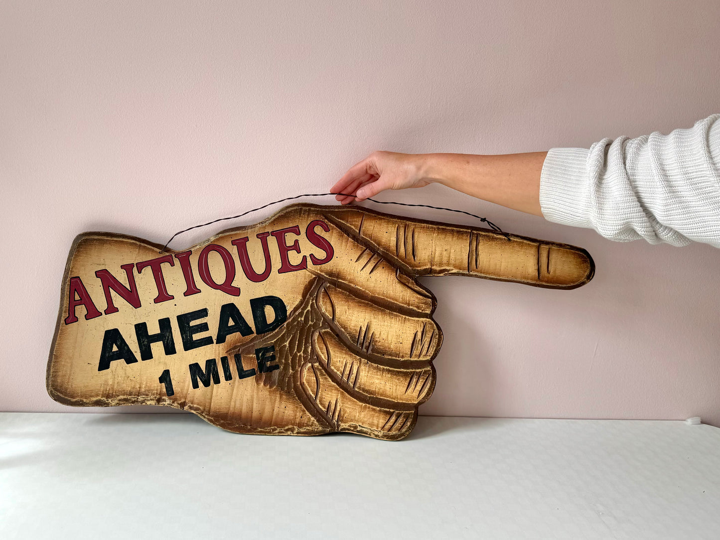 Vintage “Antiques Ahead 1 Mile” Pointing Hand Sign