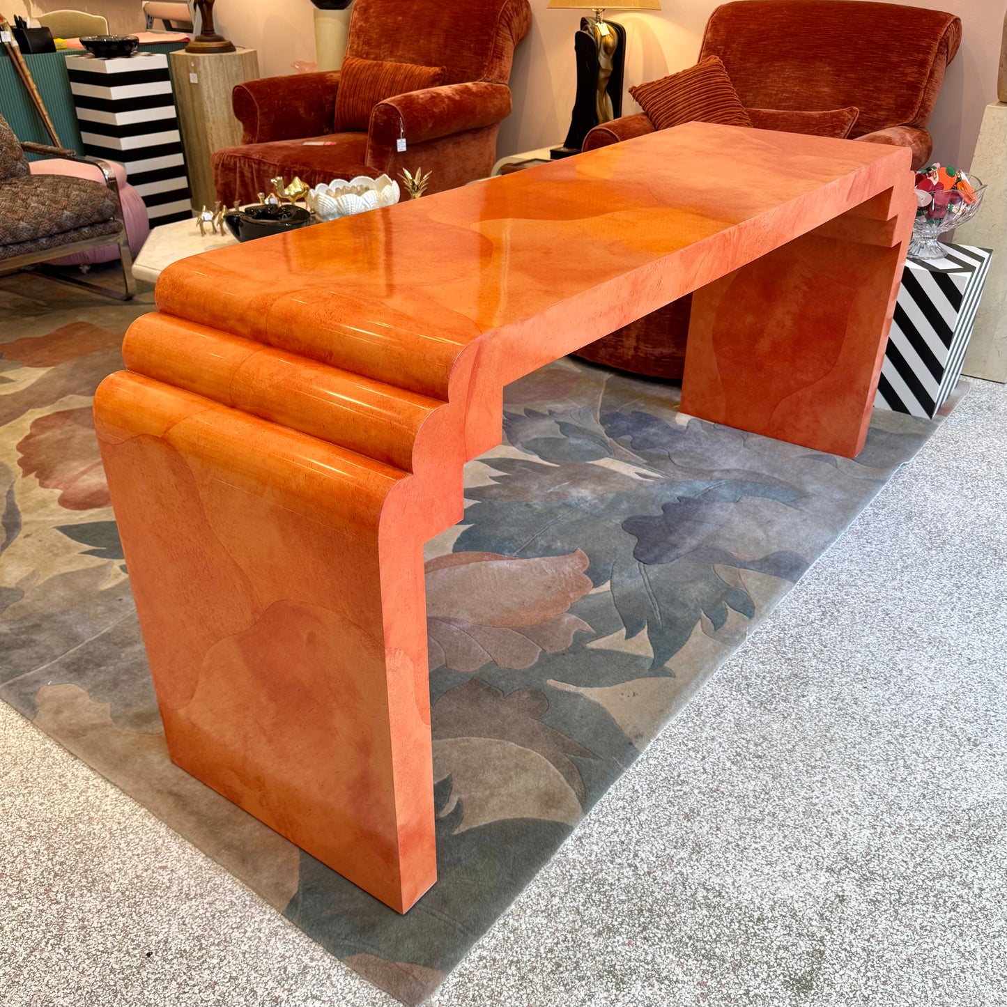 Vintage Postmodern Faux Goatskin Orange Lacquer Console Table
