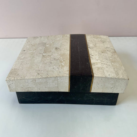 Vintage Maitland Smith Style Black and Cream Tessellated Stone Box