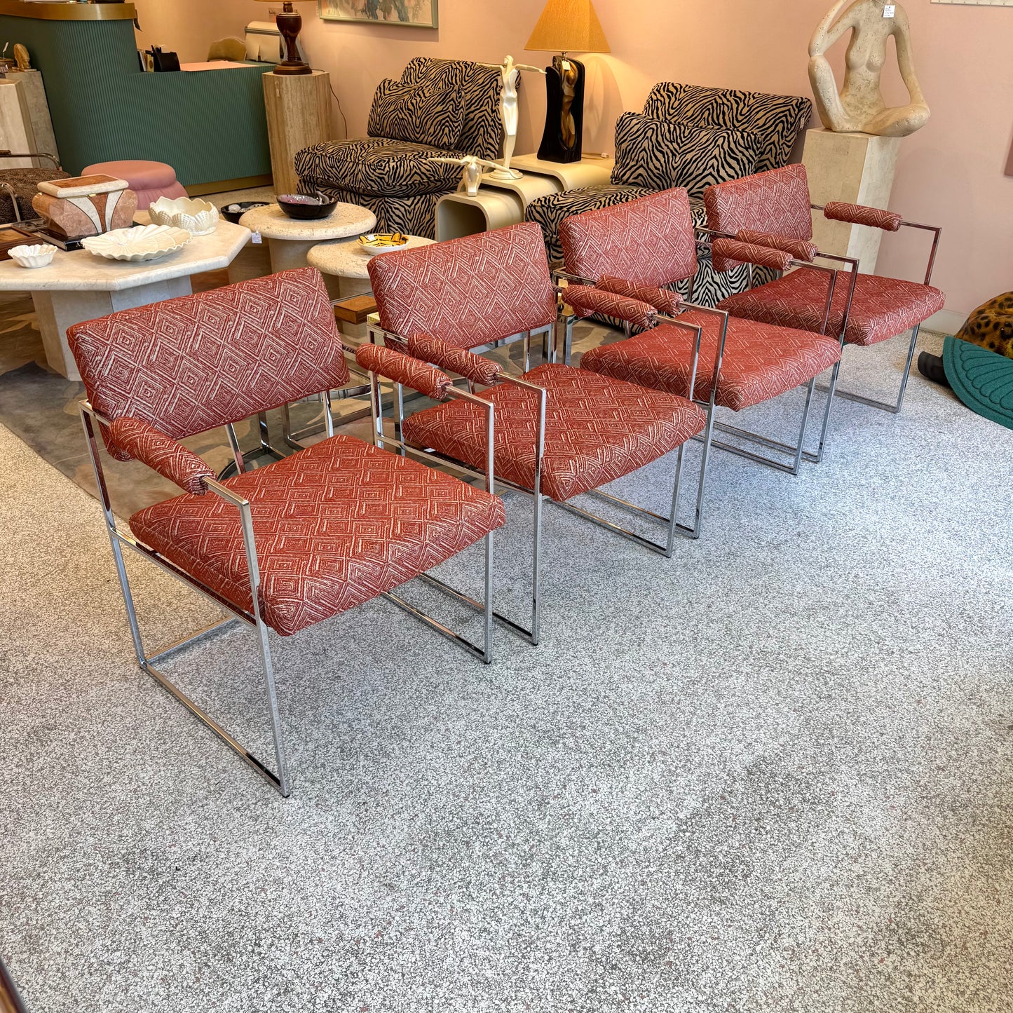 Vintage Set of 4 Milo Baughman '1188' Chrome and Orange Wool Dining Chairs
