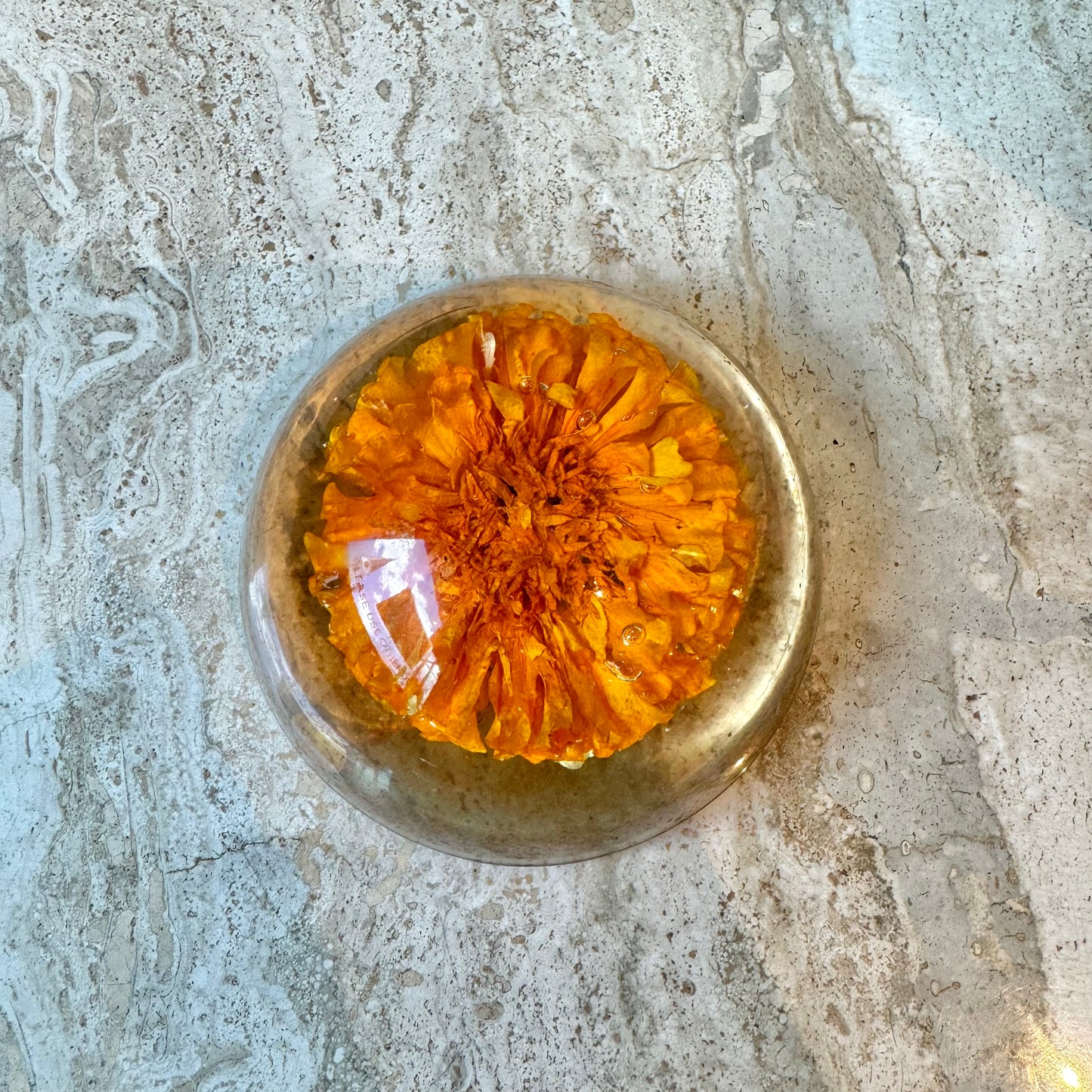 Vintage Lucite Marigold Flower Dome Paperweight