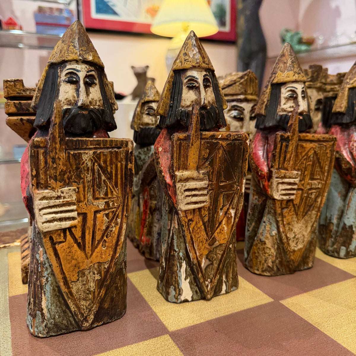 Vintage Mid-Century Carved Chess Board Coffee Table with Chess Pieces