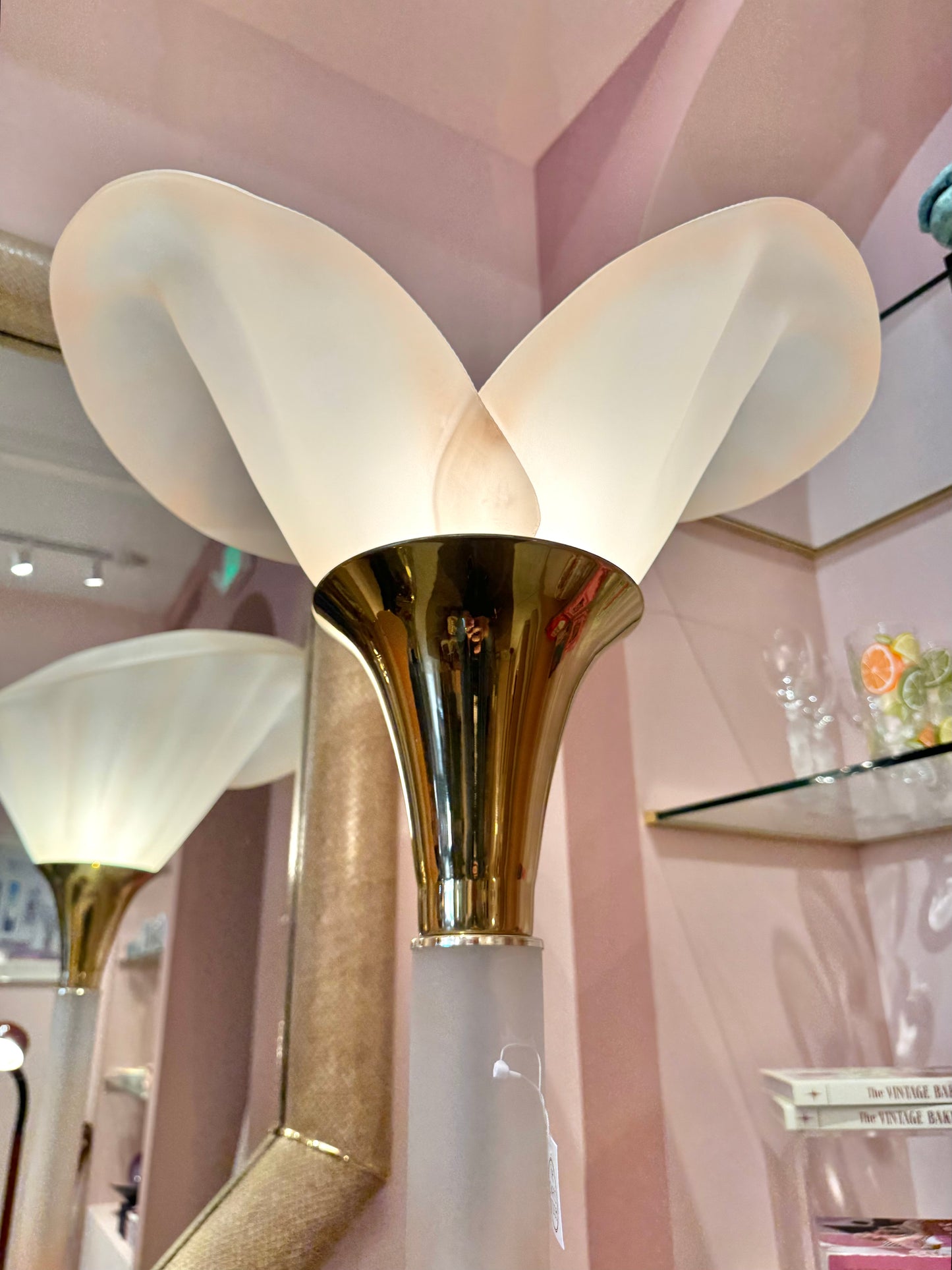 Vintage Pink Lucite Floor Lamp with Large Calla Lily Flower Shade
