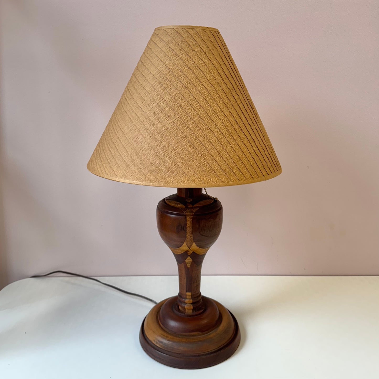 Mid Century Turned Mixed Wood Lamp W/Shade